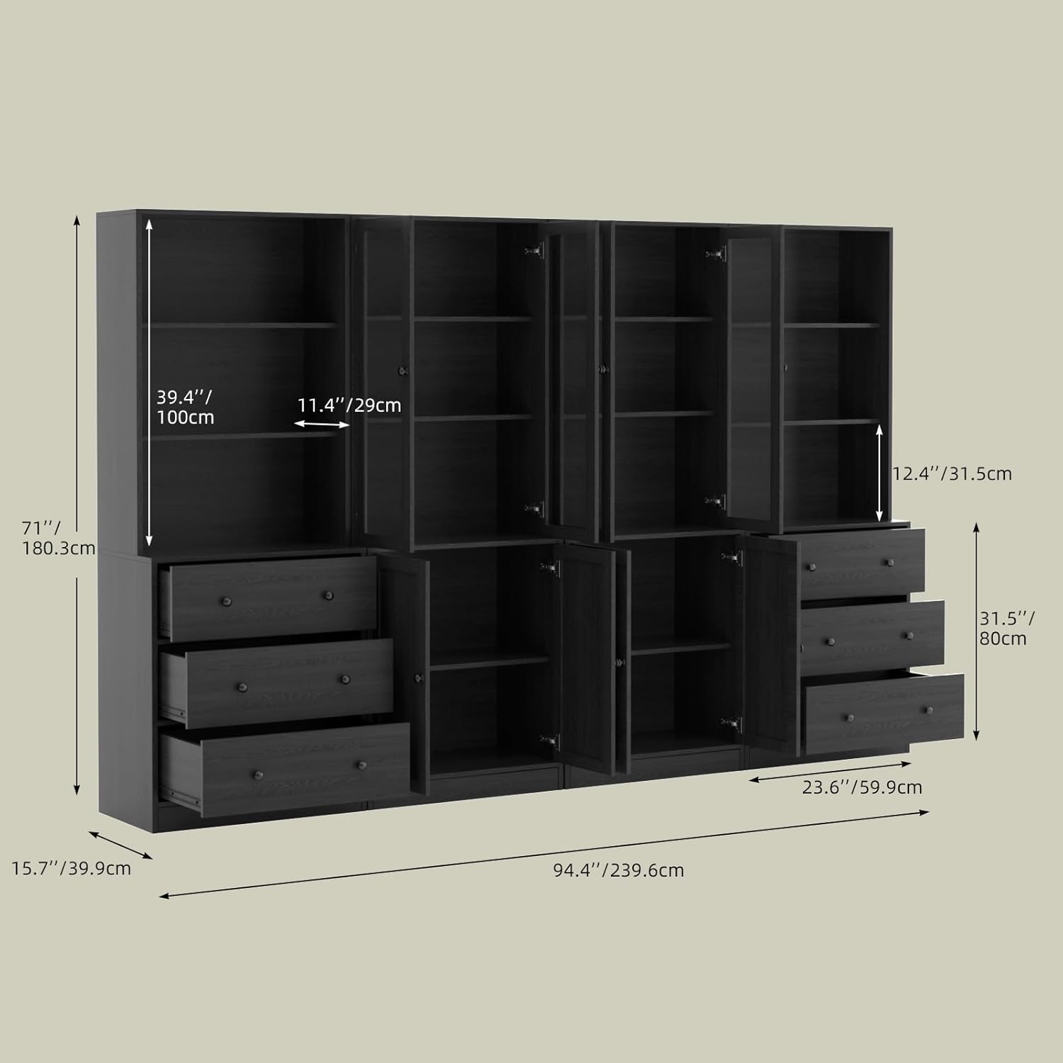 VOWNER 5-stöckiges Bücherregal mit Glastüren, 180 cm Vitrinenschrank, Küchenschränke, Küchenschrank Hochschrank, Buffetschrank für Küche, Wohnzimmer, Esszimmer, 4PCS (Schwarz)