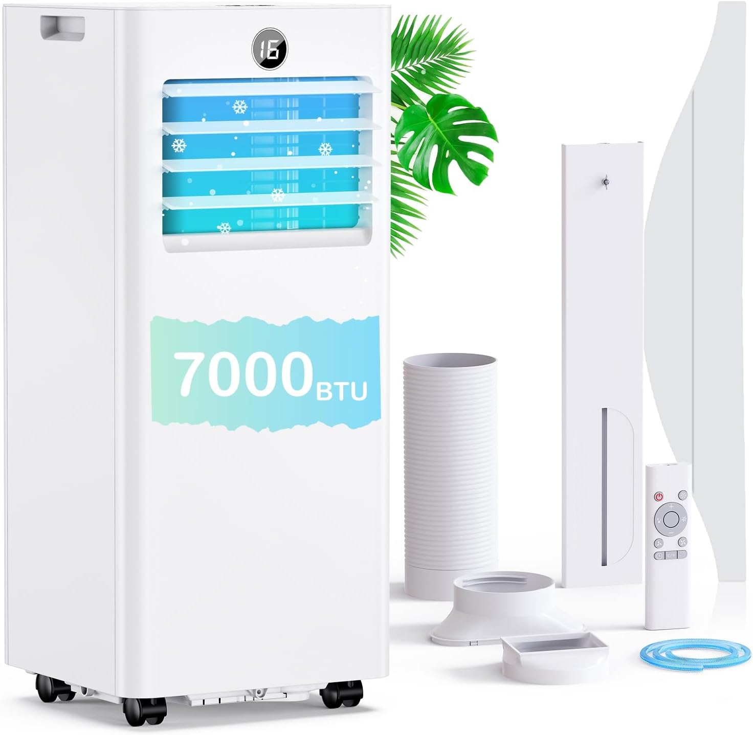 Klimaanlage Mobil 7000 BTU, Mobiles Klimagerät mit Abluftschlauch, Kühl-/Ventilations-/ Entfeuchtungs-/Schlafmodus 4-in-1, Digitalanzeige & Fernbedienung, 24H Timer, 360° Rollen, Inklusive Fensterset