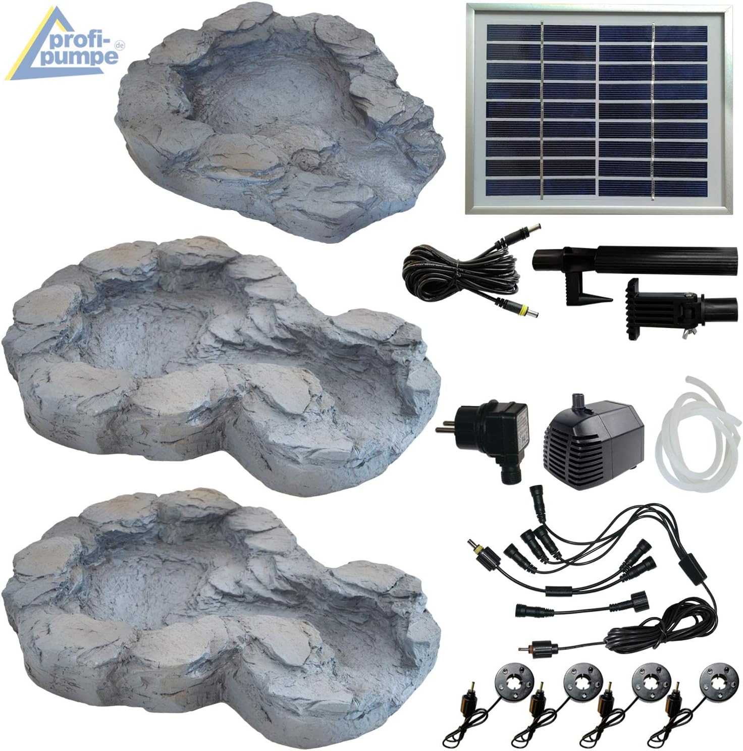 Solar GARTENBRUNNEN Bachlauf QUELLBACH II mit LED-Licht/Hybrid-System, 230V ZIERBRUNNEN VOGELBAD Wasserfall GARTENLEUCHTE TEICHPUMPE - SPRINGBRUNNEN WASSERSPIEL für Garten, Gartenteich, Teich