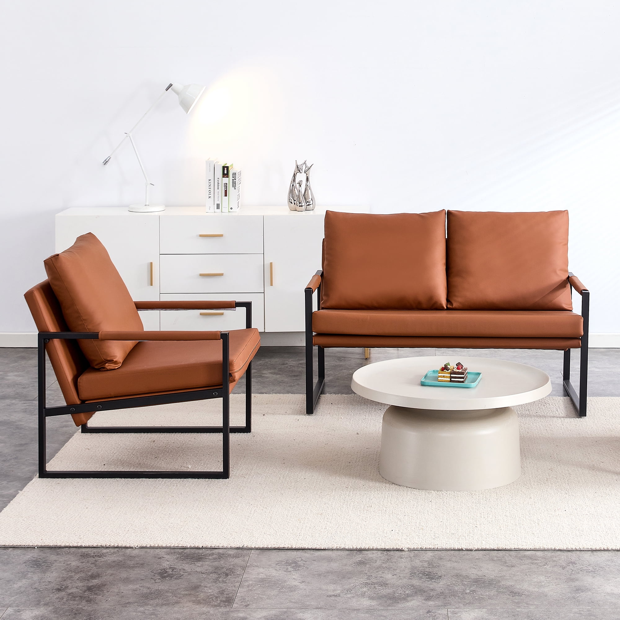 Wasait Moderne Tweezitsfauteuil met 2 Kussens �C PU-leer, Dicht Schuim, Zwart Gecoat Metalen Frame, Bruin SF-D008