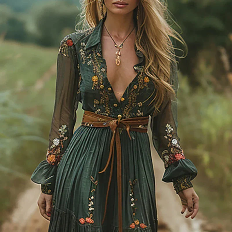 Bohemian-Maxikleid f��r Damen | Bestickter V-Ausschnitt