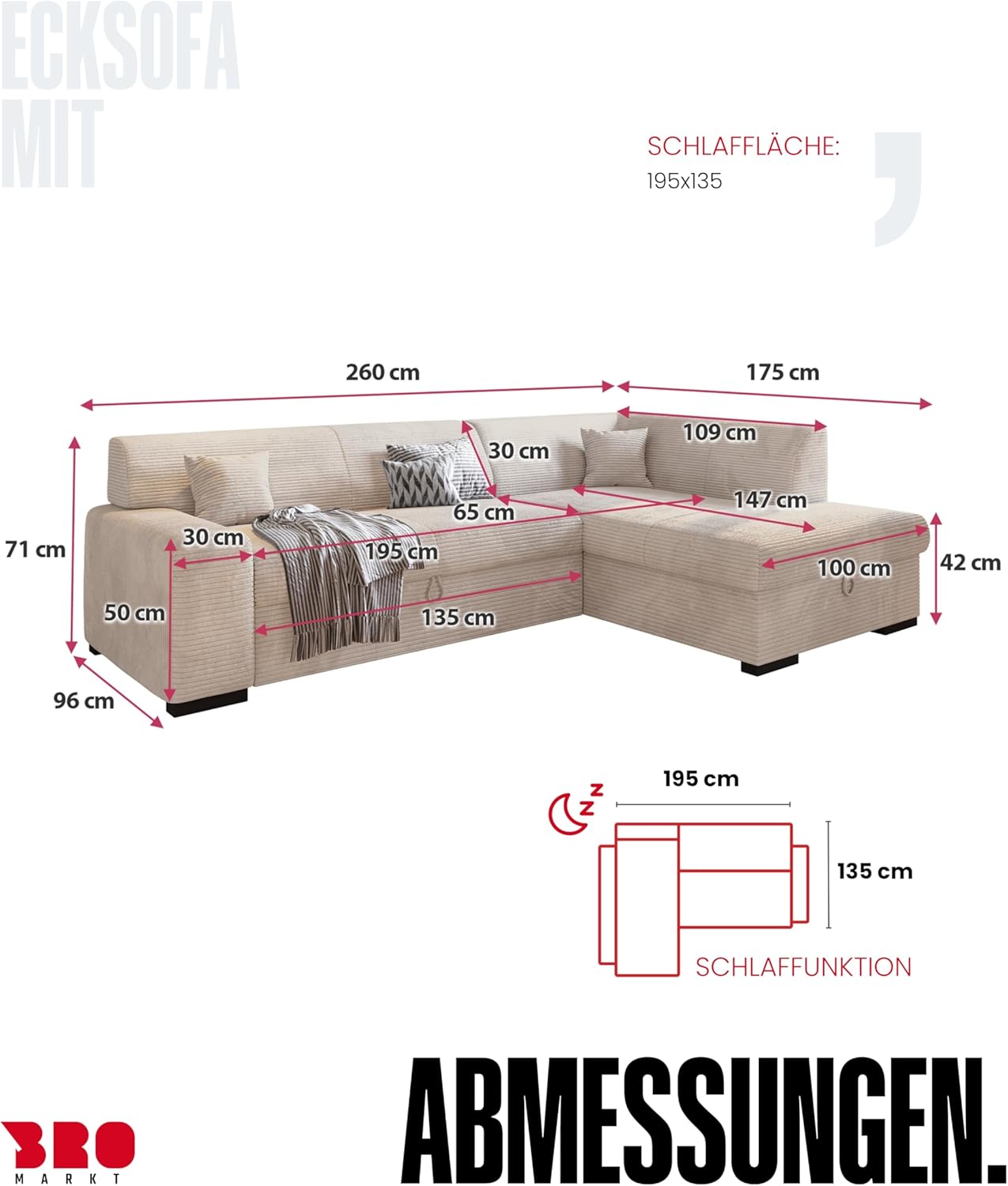 BROMARKT Ecksofa mit Schlaffunktion 260 cm L Form Vanille Links Seite Couch Sofa mit Bettkasten Schlafcouch Schalsofa 3 sitzer Eckcouch Sofabett Wohnlandschaft Cordstoff