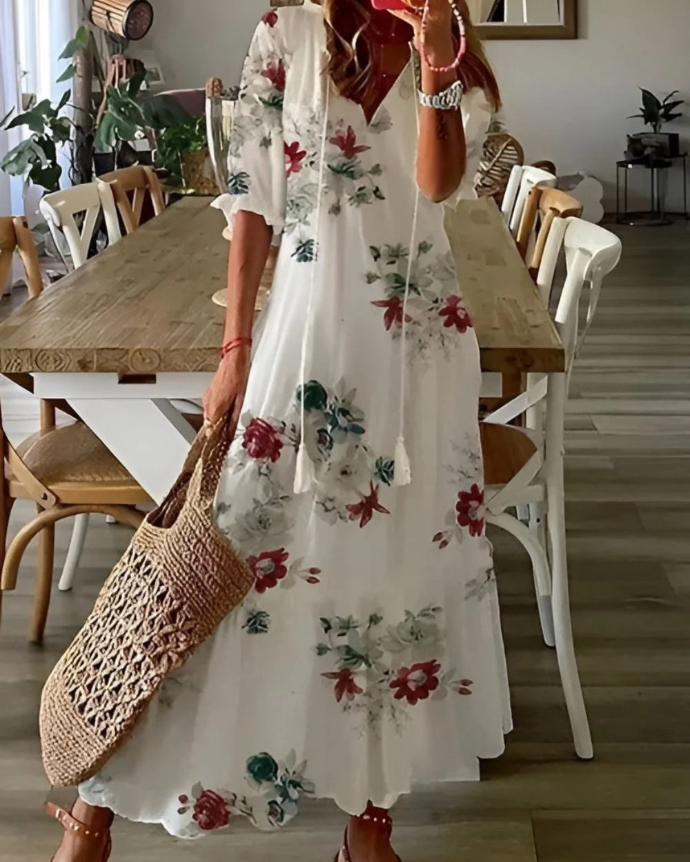 Boho-Maxikleid mit Quasten-Bindeband