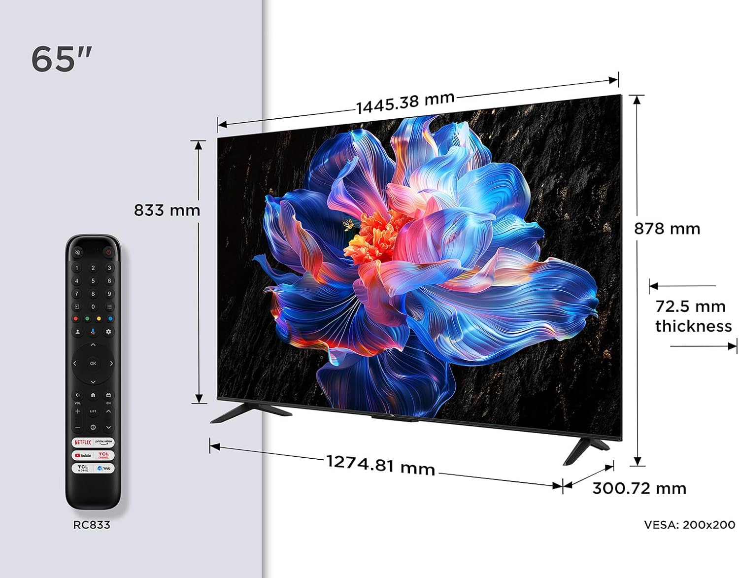 TCL 65V6C Televisor 65 Pulgadas 4K Smart TV LED, HDR, Google TV, Dolby Audio, Alexa y Google Assistant, Chromecast Built-in, Motion Clarity