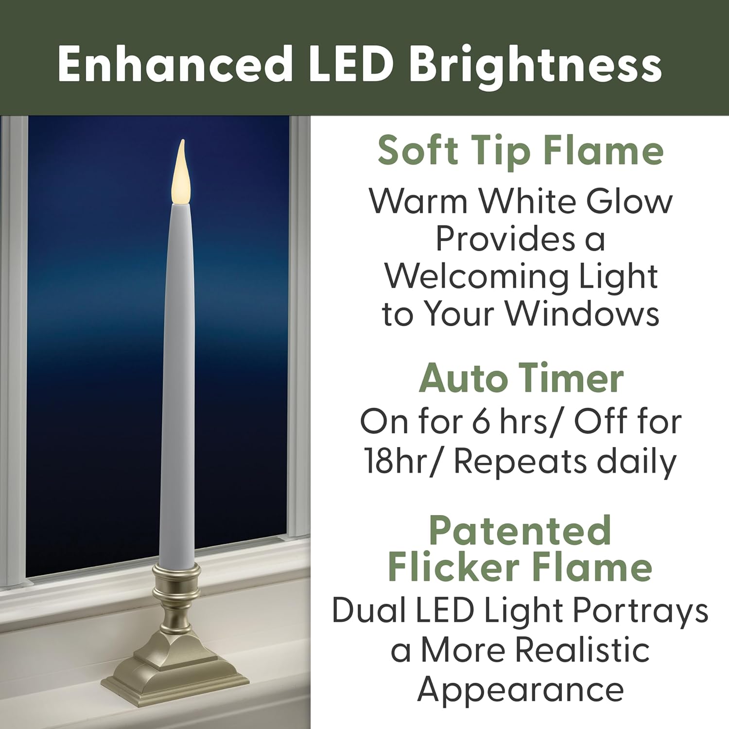 Vermont 612 LED-Fensterkerzen mit Timer, batteriebetrieben, 6 Ein- / 18 Aus), Patentiertes Warmweiß, Dual-LED Flackerflamme zinnfarben