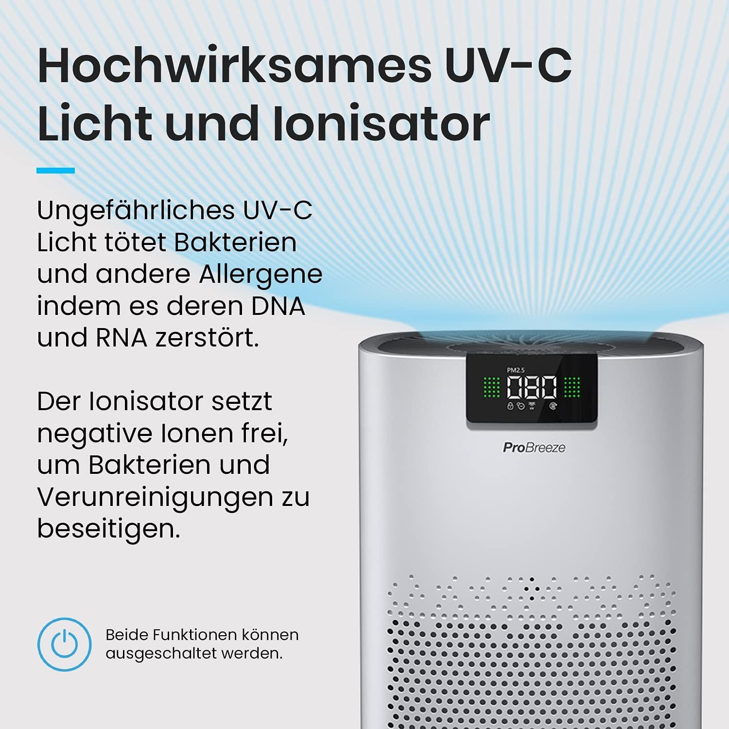 Pro Breeze Luftreiniger Hepa 13 Filter mit UV-C Lampe, Luft Ionisierer & Aktivkohlefilter, CADR 460m3 - Air Purifier mit Luftqualitätsmesser für große Räume bis 140m² - bis zu 99.95% Filterleistung