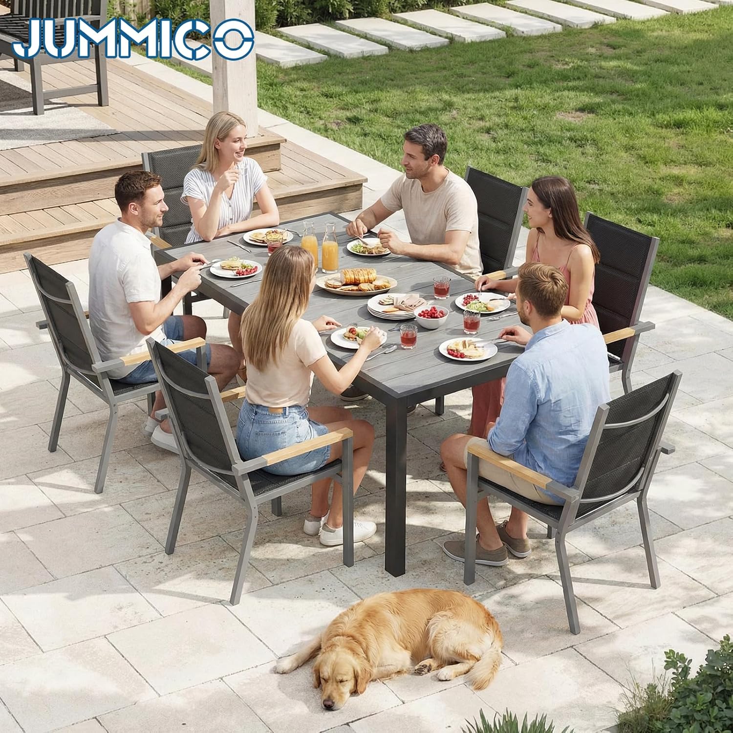JUMMICO Gartenmöbel Set Terrassen Set Aluminium Gestell mit Holzoptik PS Tischplatte Komfortabler Hochlehner Einfach Montiert,6 Personen Set