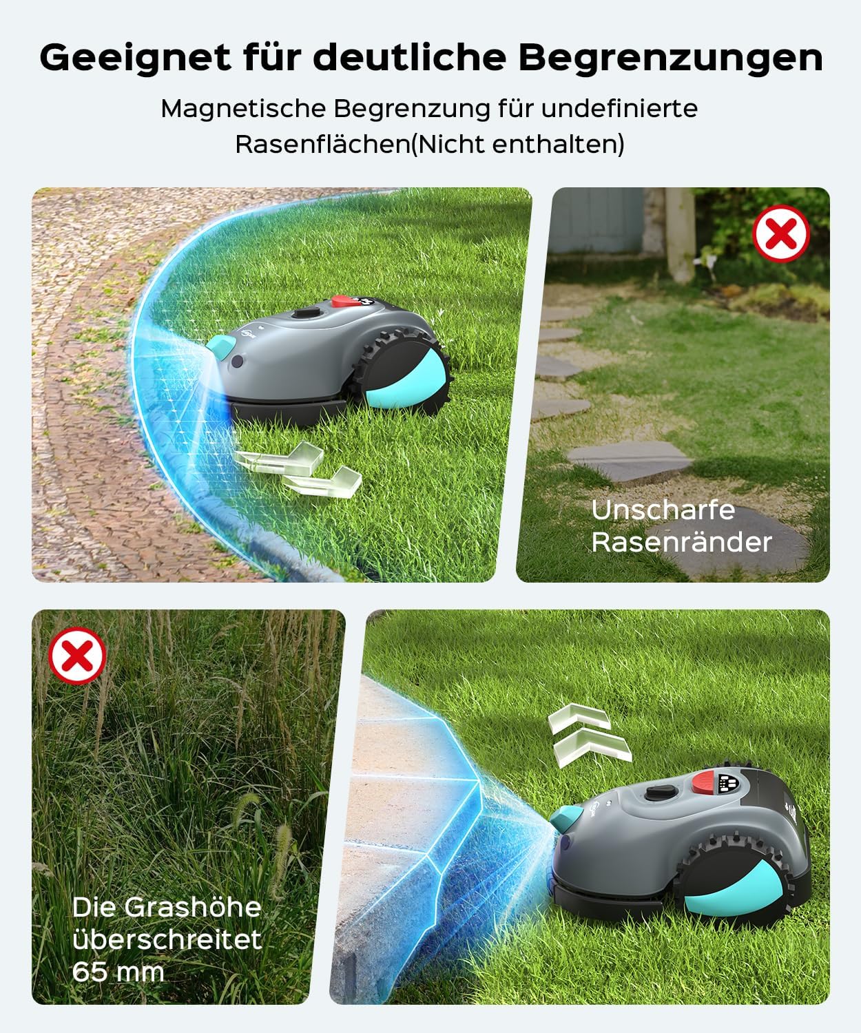 V100 Mähroboter ohne Begrenzungskabel Rasenroboter mit Kamera, Hindernisvermeidung, Vision Navigation, 4 Ah Akku Rasenmäher Roboter ohne Begrenzungsdraht 150m2 mit Ersatzklingen, Spiralschnitt