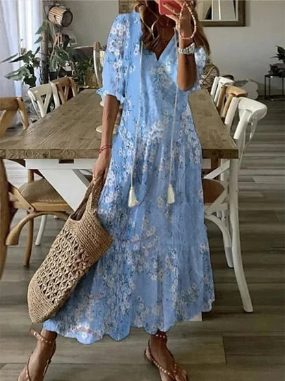 Damen Boho Midikleid mit V-Ausschnitt und 3/4 ?rmeln - Locker fallendes Freizeitkleid mit Muster f��r Alltag und Freizeit