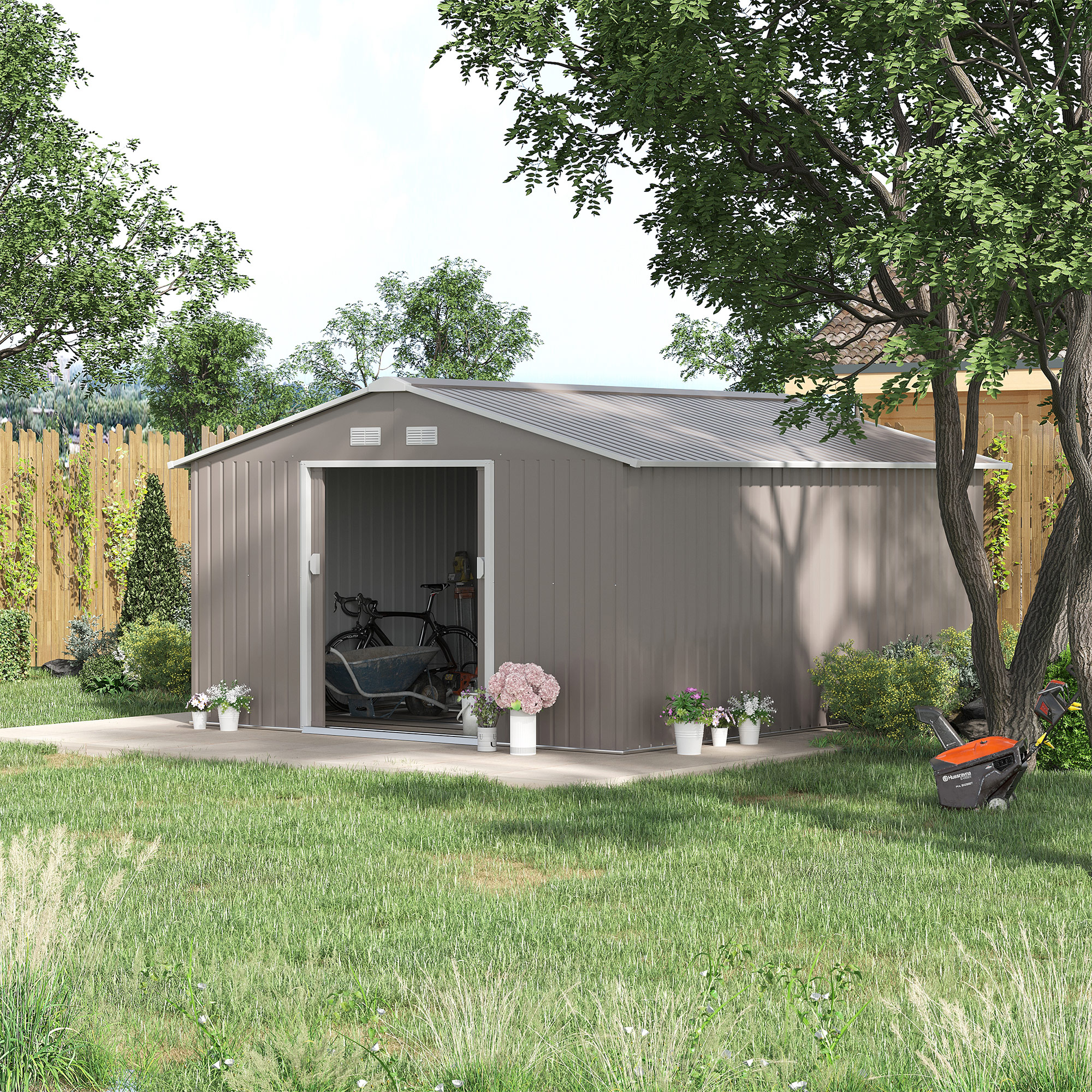 Tuinschuur, Weerbestendig Tuinhuis voor Tuingereedschap, met Ventilatieramen, Schuifdeuren, Staal, Lichtgrijs