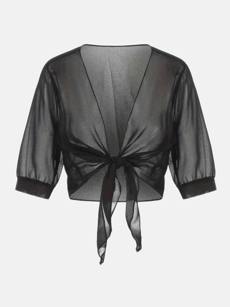 Transparente Damen-Bluse mit Bindeknoten und 3/4-?rmeln