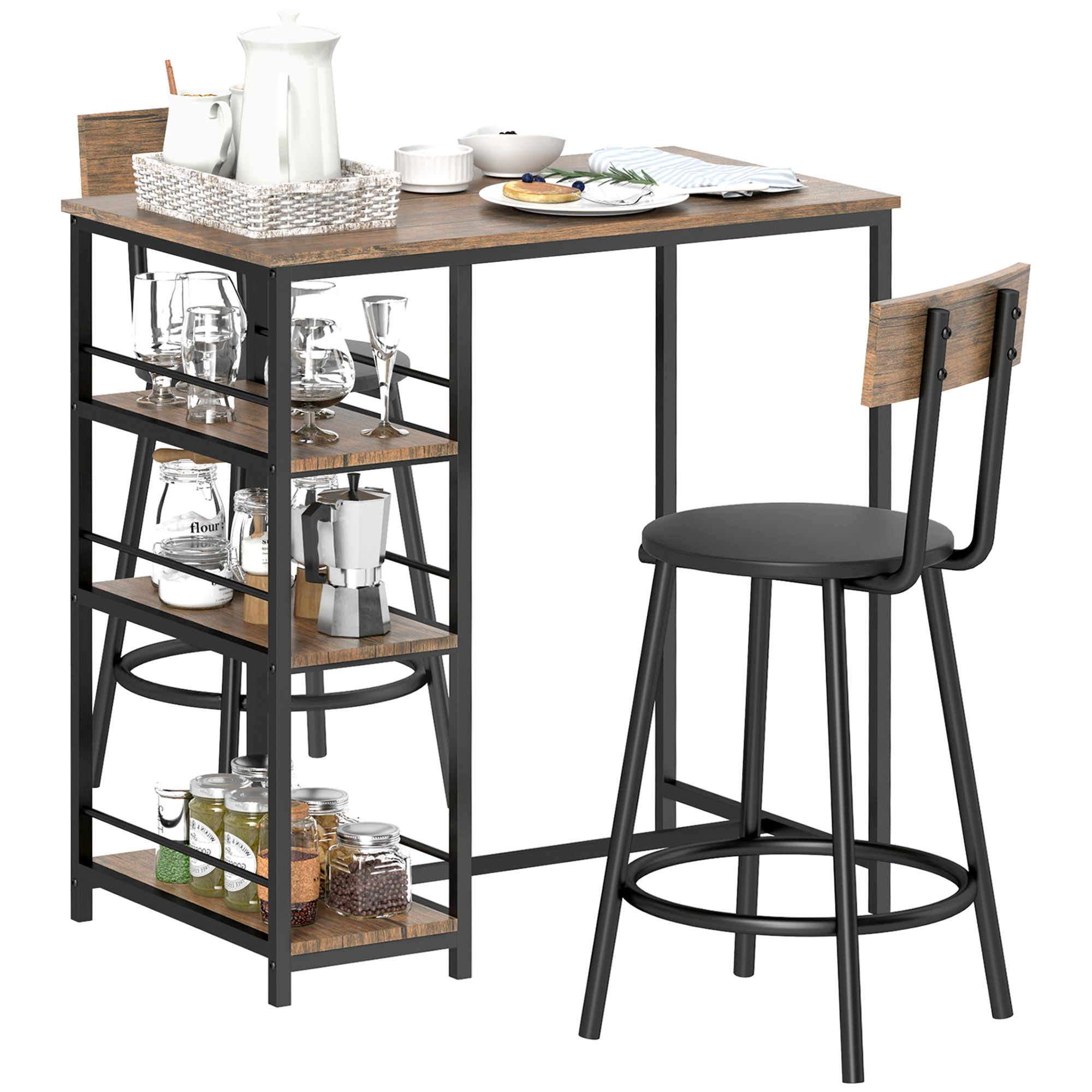 3-delige Eetset met Bartafel en 2 Stoelen, Klein Keukenset met Zijplanken, MDF, Metaal, Zwart