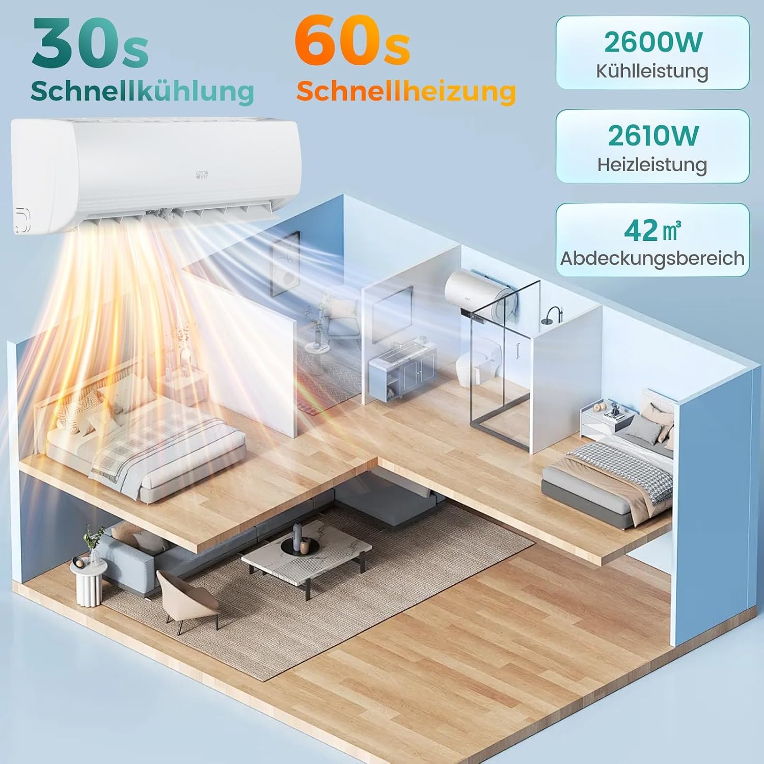 COSTWAY 9000BTU Split Klimaanlage, Klimageräte mit Heizfunktion 2,6kW, Air Conditioner Wandhalterung inkl. Kupferleitung, Kältemittel R32, sehr leise für Räume bis zu 42m³