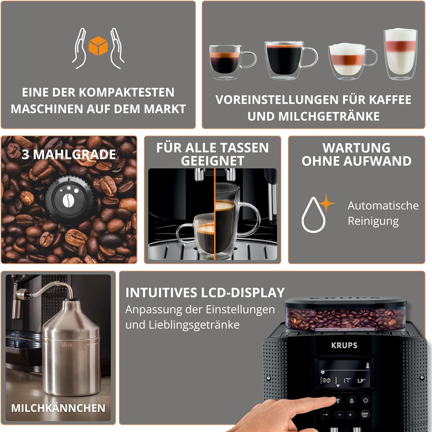 KRUPS Essential Kaffeevollautomat mit Milchaufschäumer – automatische Kaffeemaschine für Espresso, Cappuccino und Kaffee, einfache Bedienung dank LCD-Display, automatische Reinigung, kompaktes Design