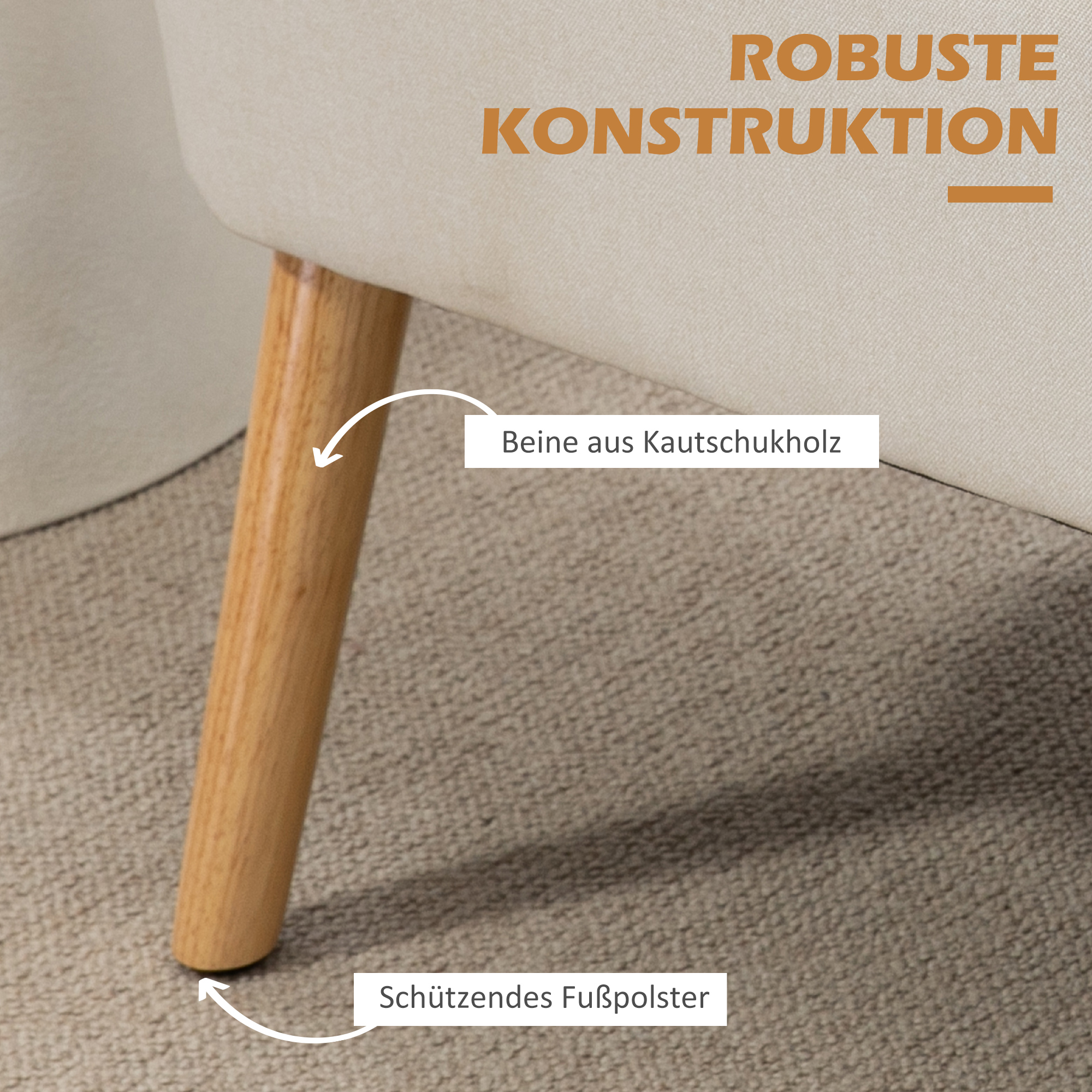 Sofa Retrodesign 2-zitsbank, houten poten, 117 cm x 56,5 cm x 77 cm, Wit