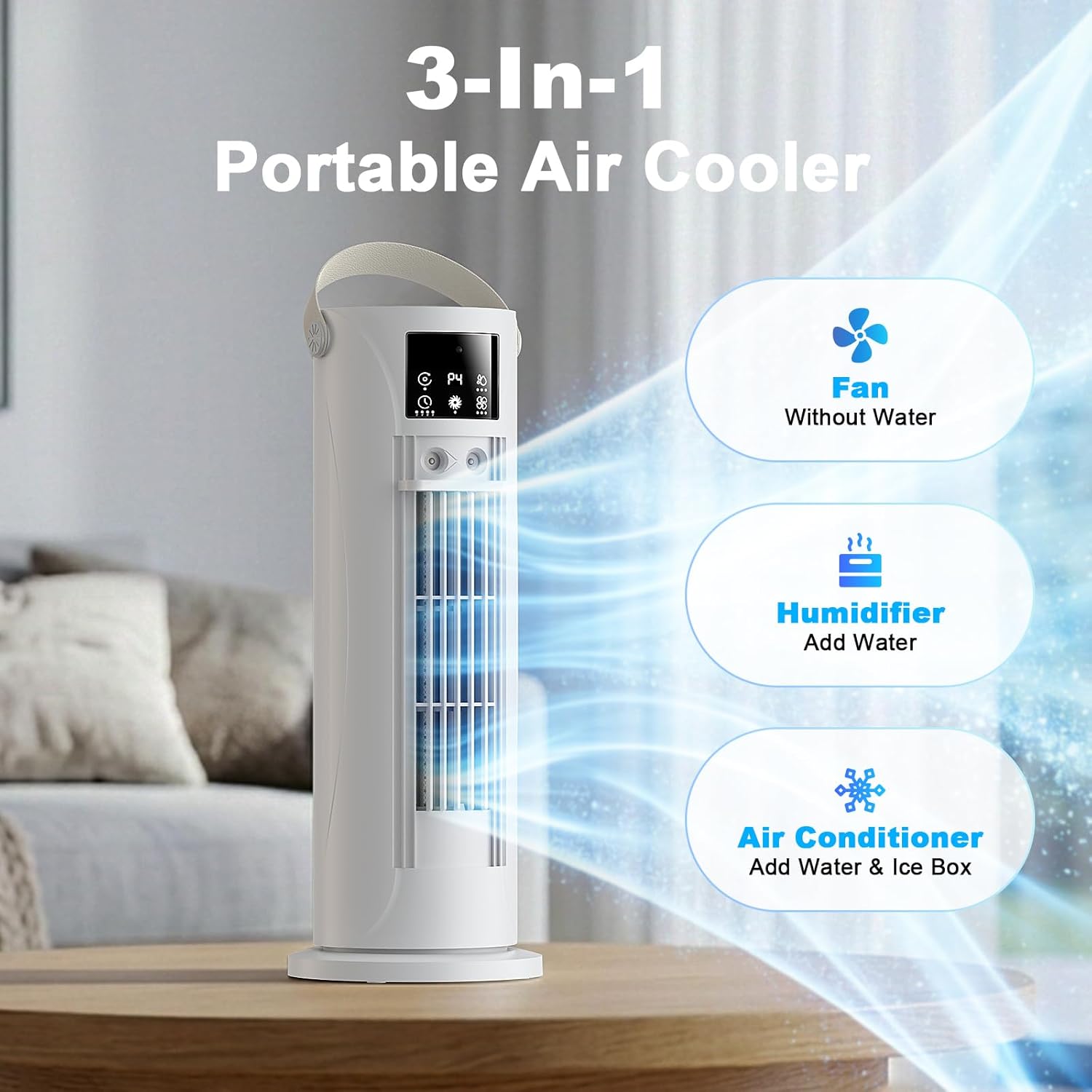 4-in-1 Mobiles Klimagerät, Luftkühler, 120° Oszillation, 4 Geschwindigkeitsstufen mit Schlafmodus, mini Klimaanlage für Zuhause & Camping（Perlweiß)