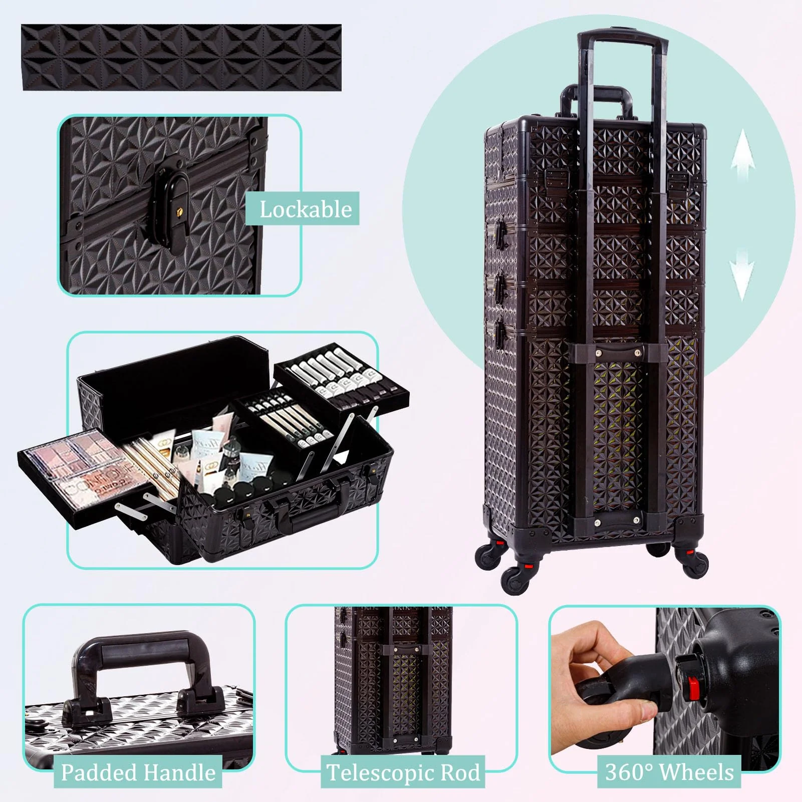 AROUS 5 in 1 Professional Makeup Train Case with 360° Swivel Wheels