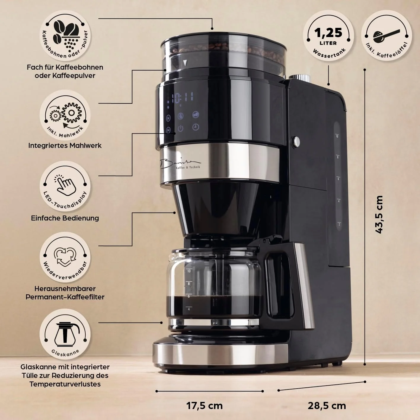 Barista filterkoffiezetapparaat met verstelbare molen & thermoskan | Warmhoudfunctie, 24-uurs timer & permanent filter | Voor 10 koppen koffie | Koffiezetapparaat voor bonen & poeder [roestvrij staal]