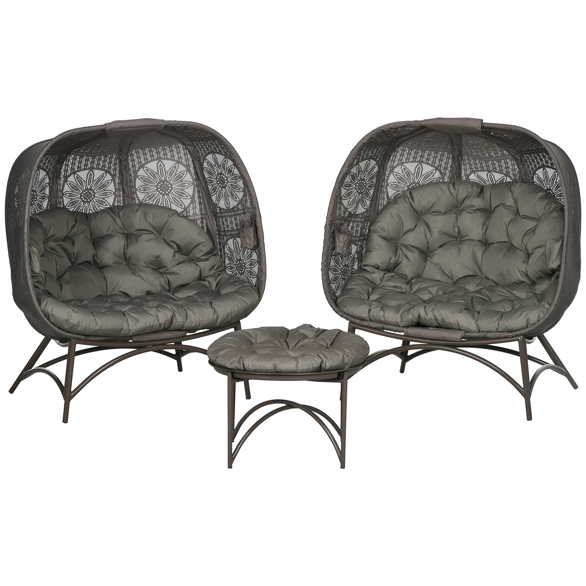 Tuinmeubelset, 2 rieten stoelen met bijzettafel, inklapbaar, zitkussens, metalen frame, kleur: zand