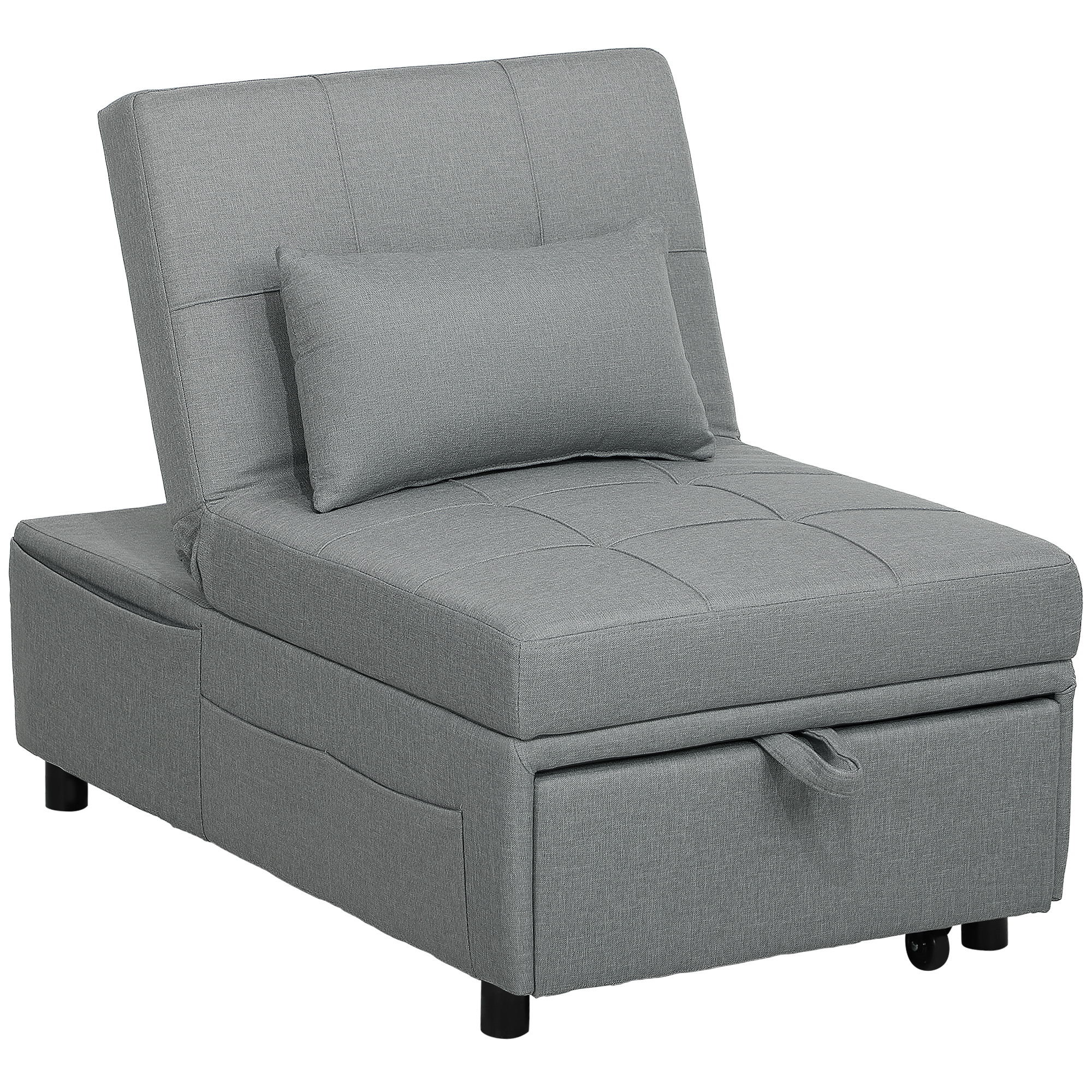 3-in-1 Opklapbare Fauteuil met Zijvak, Gastenbed met Kussen, Verstelbare Rugleuning, Slaapstoel met Wielen, Lichtgrijs
