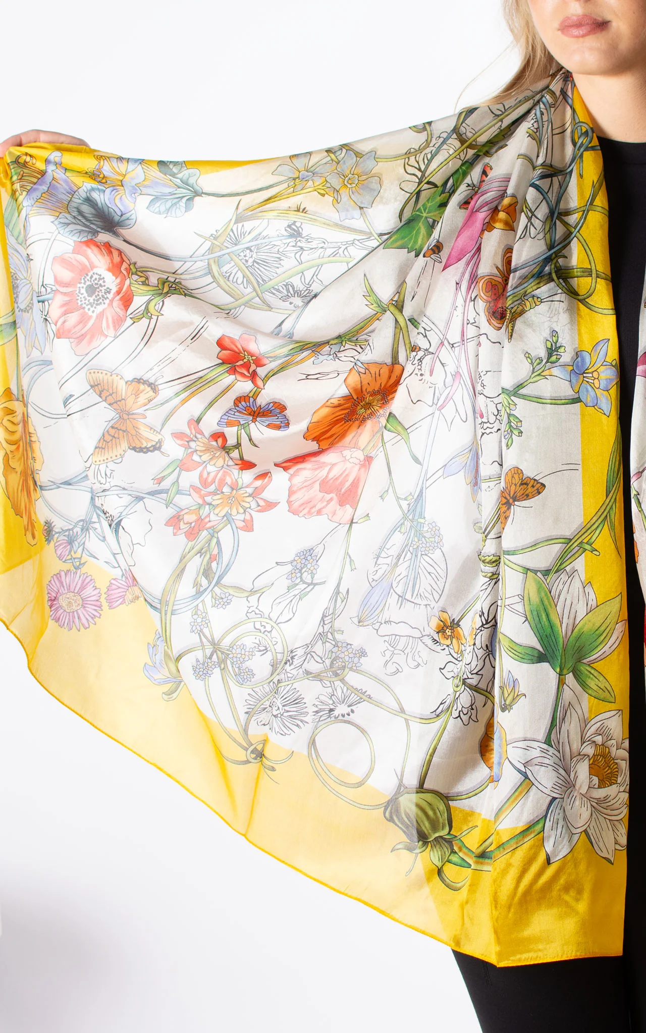 Yellow Border Floral Silk Scarf