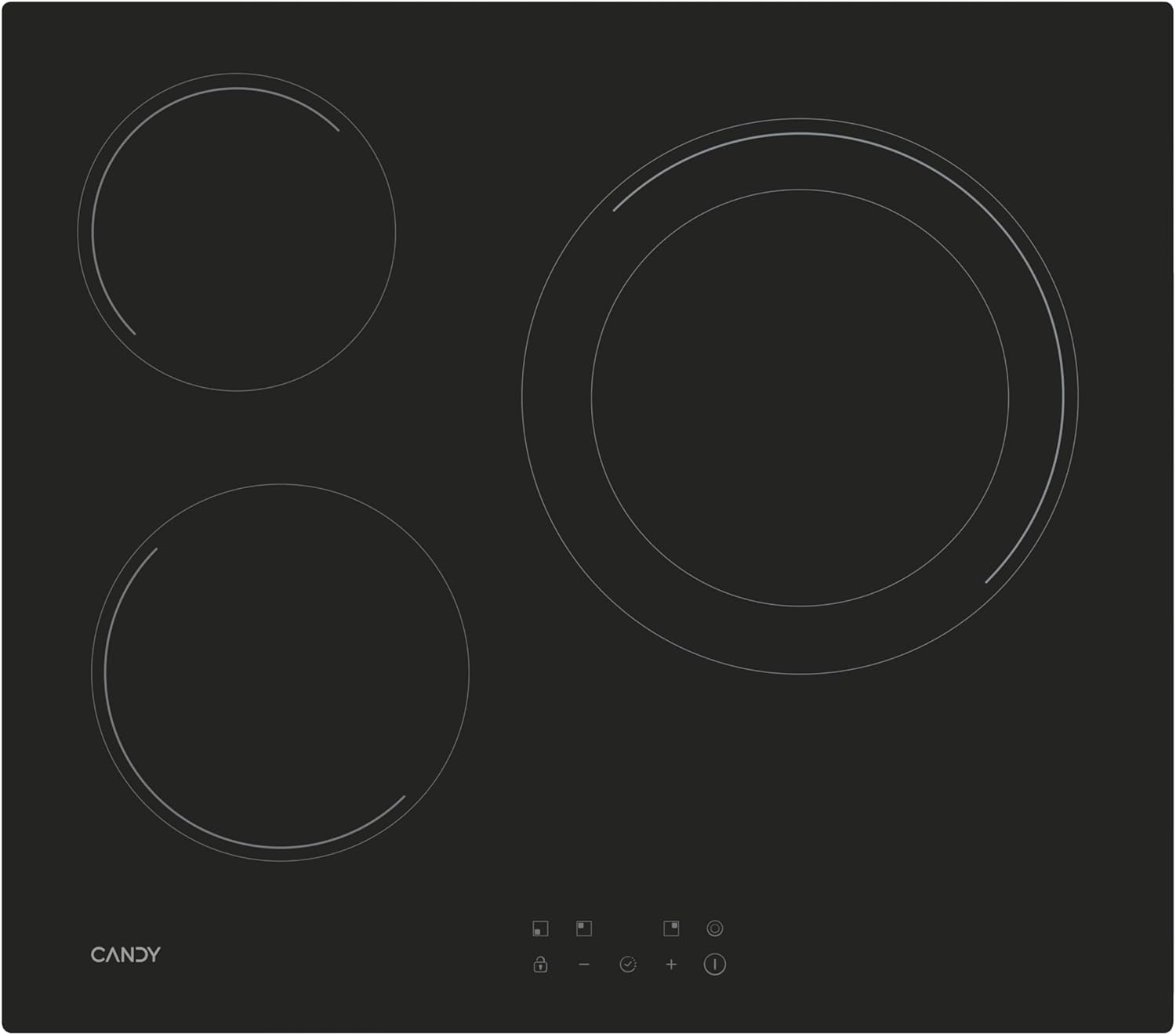 Candy CH63DCC Hob Ceramic Hob 60 cm, 3 Cooking Zones, Double 30 cm Paella Pan, Touch Control, 9 Power Levels, Safety System, Black
