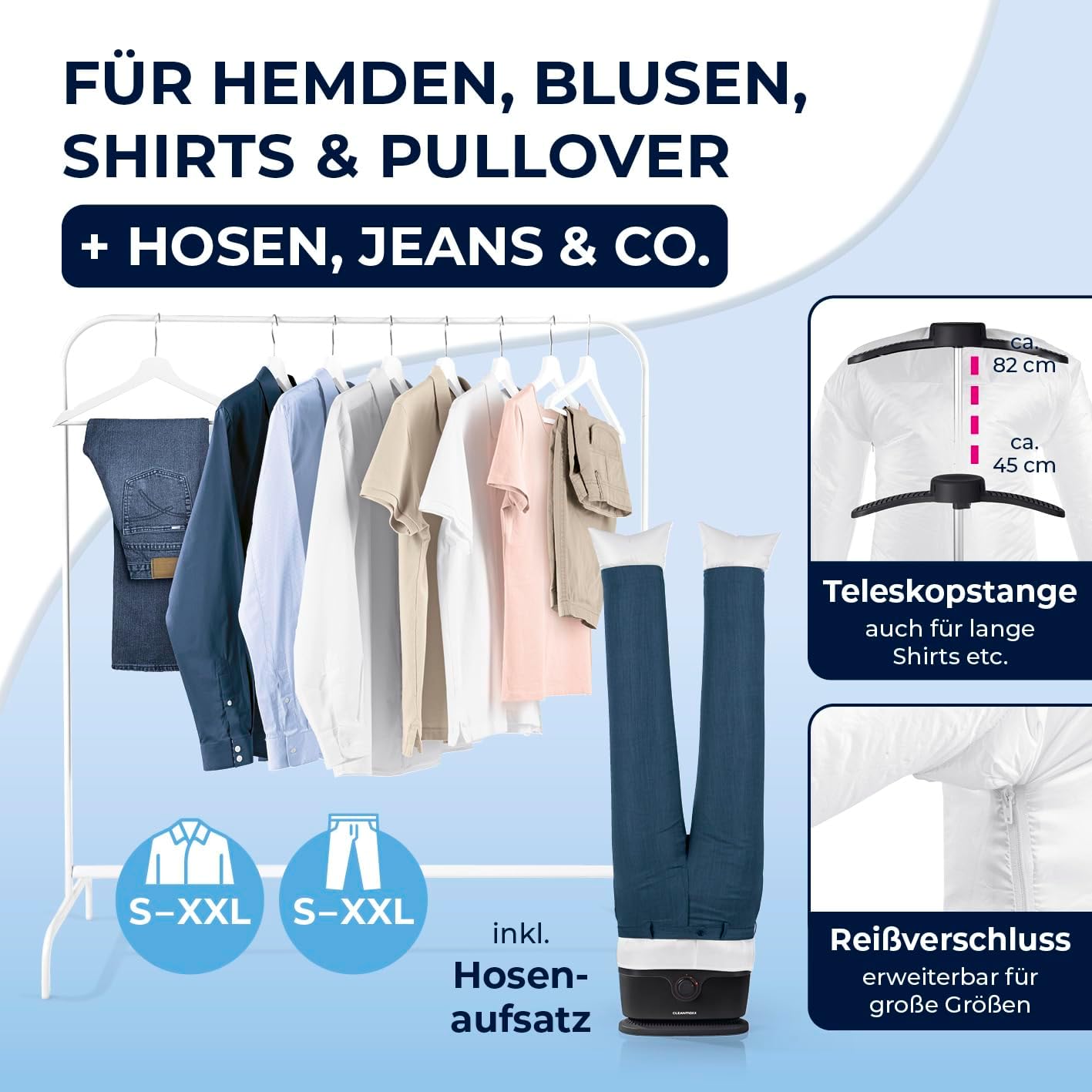 CLEANmaxx Automatischer Hemden-Bügler zum Trocknen und Gltten von Hemden & Blusen inklusive Aufsatz für Hosen | Die innovative und schonende Art, Ihre Wsche zu gltten