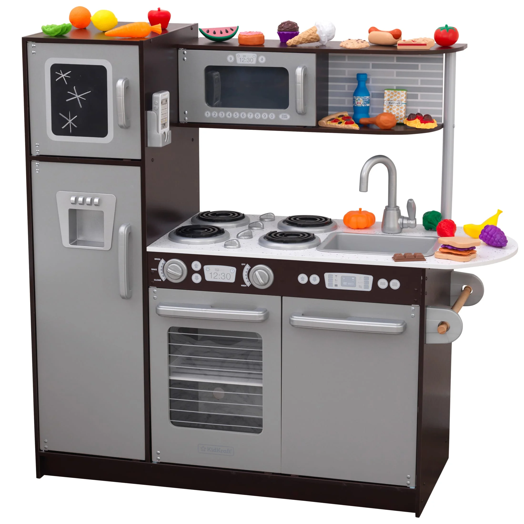 2025 KidKraft Uptown Espresso Houten Speelkeuken met 30 Speelse Voedselaccessoires