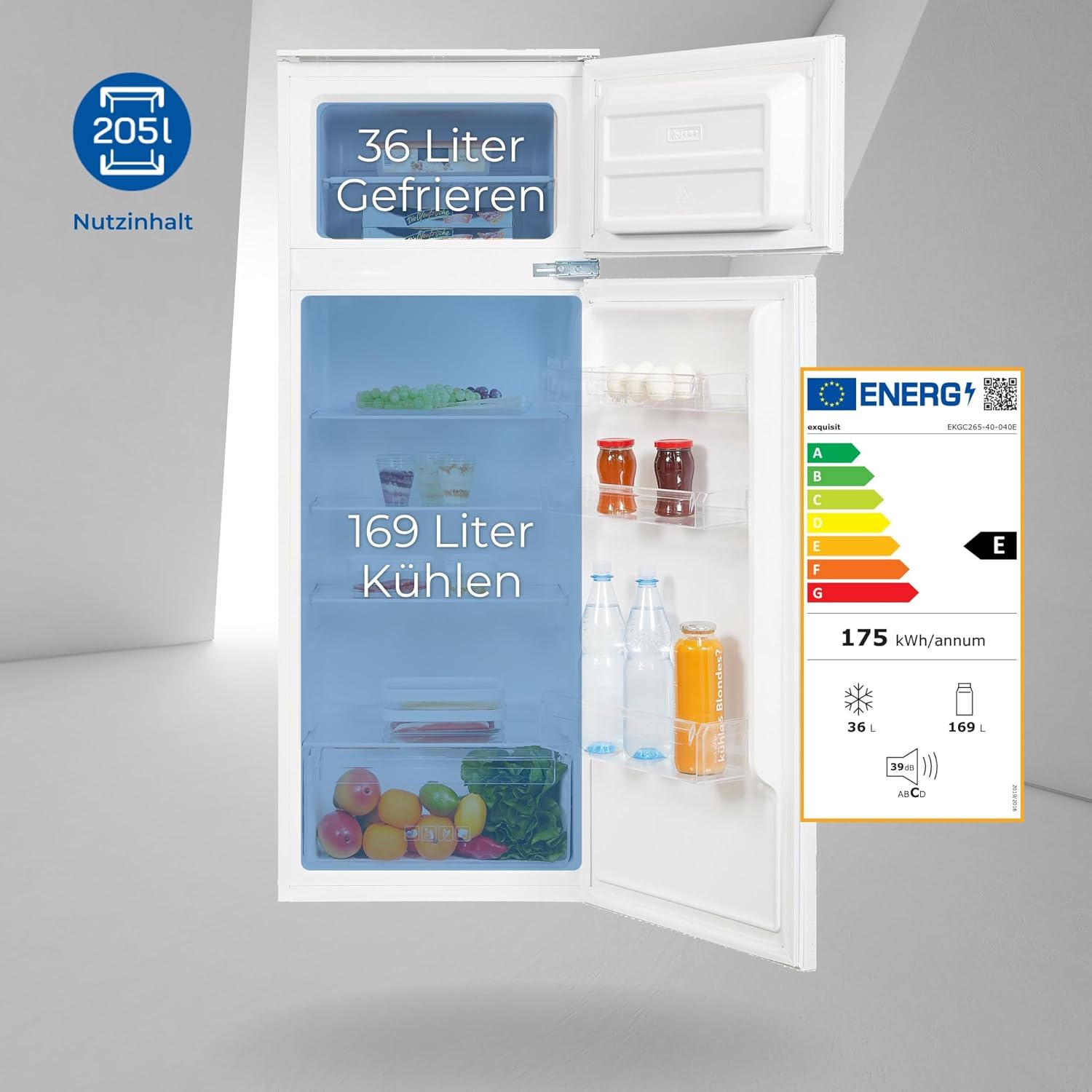 Exquisit Einbaukühlschrank mit Gefrierfach EKGC265-40-040E | Einbau Kühl-Gefrierkombination 145 cm | 205 l | Schlepptür | Inverter | Weiß | LED