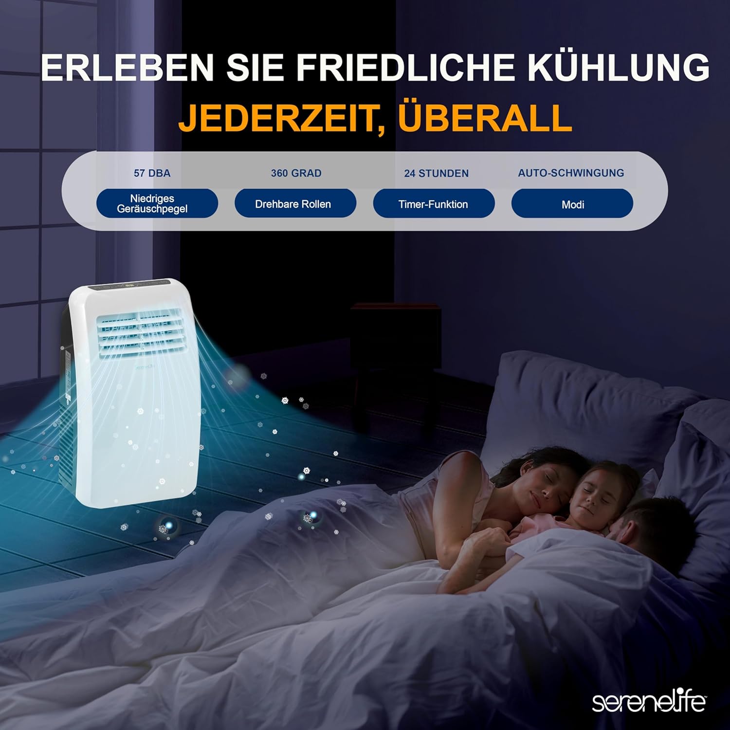 SereneLife Klimaanlage mobil, 3-in-1 mobiles Klimagert mit Abluftschlauch - Luftkühler, Luftentfeuchter & Ventilator, air conditioner 9.000 BTU, 1,5 L Feuchtigkeit/Stunde, kühlt Rume bis 42 m