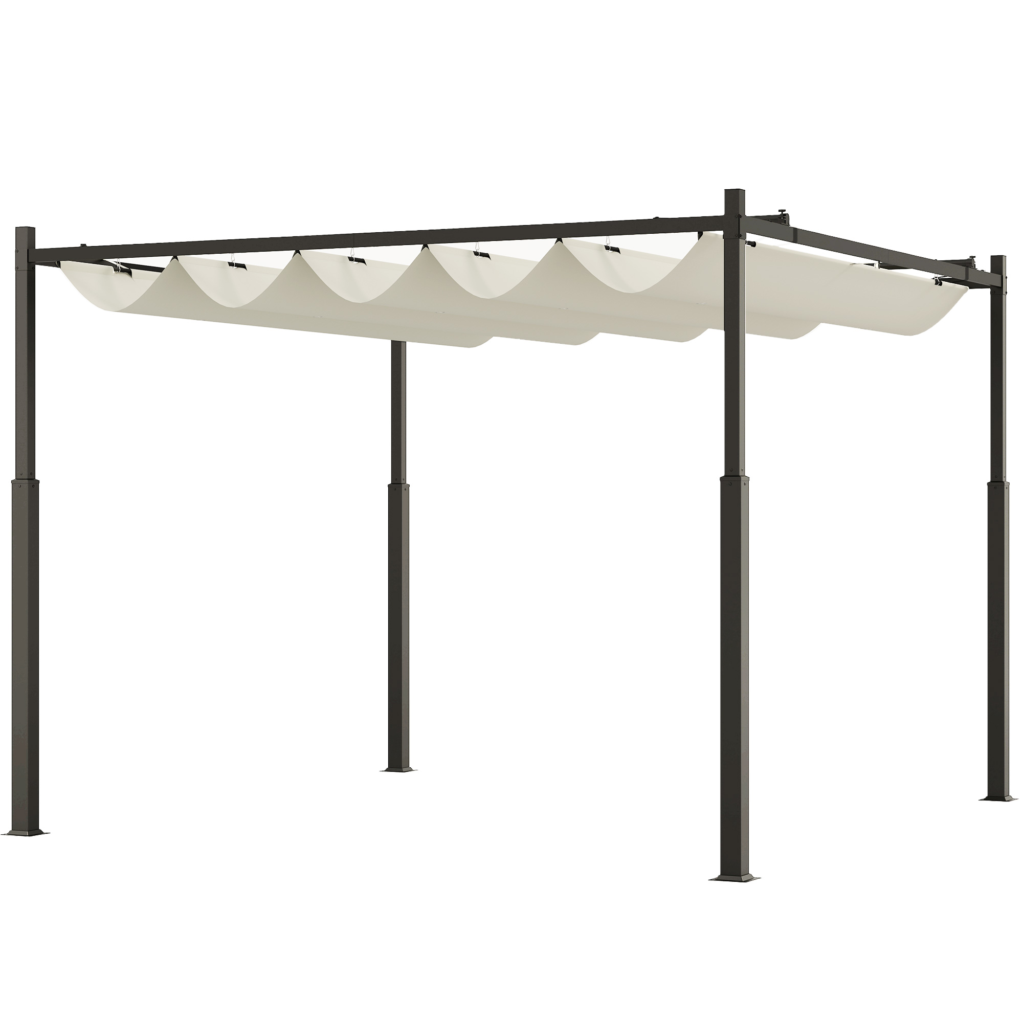 Outsunny Tuin Pergola, 3 x 3 m, Uitschuifbaar Dak en Magneetpad, Buiten Luifel, Tuinpaviljoen, UPF30+, Metaal, Cr��mewit