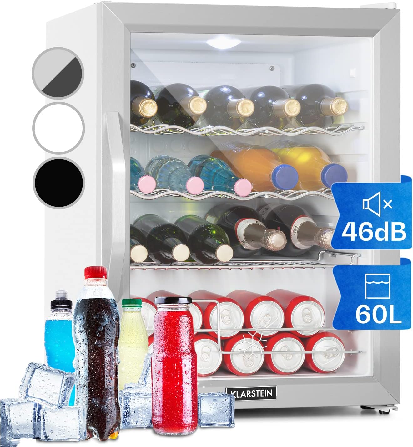 KLARSTEIN Mini Frigo de Chambre et Bureau pour Boisson, Silencieux, Refrigerateur Bar 60L, Pour Camping, Étagères Réglables, Ondulés pour le Vin, Cannette, Beer Fridge