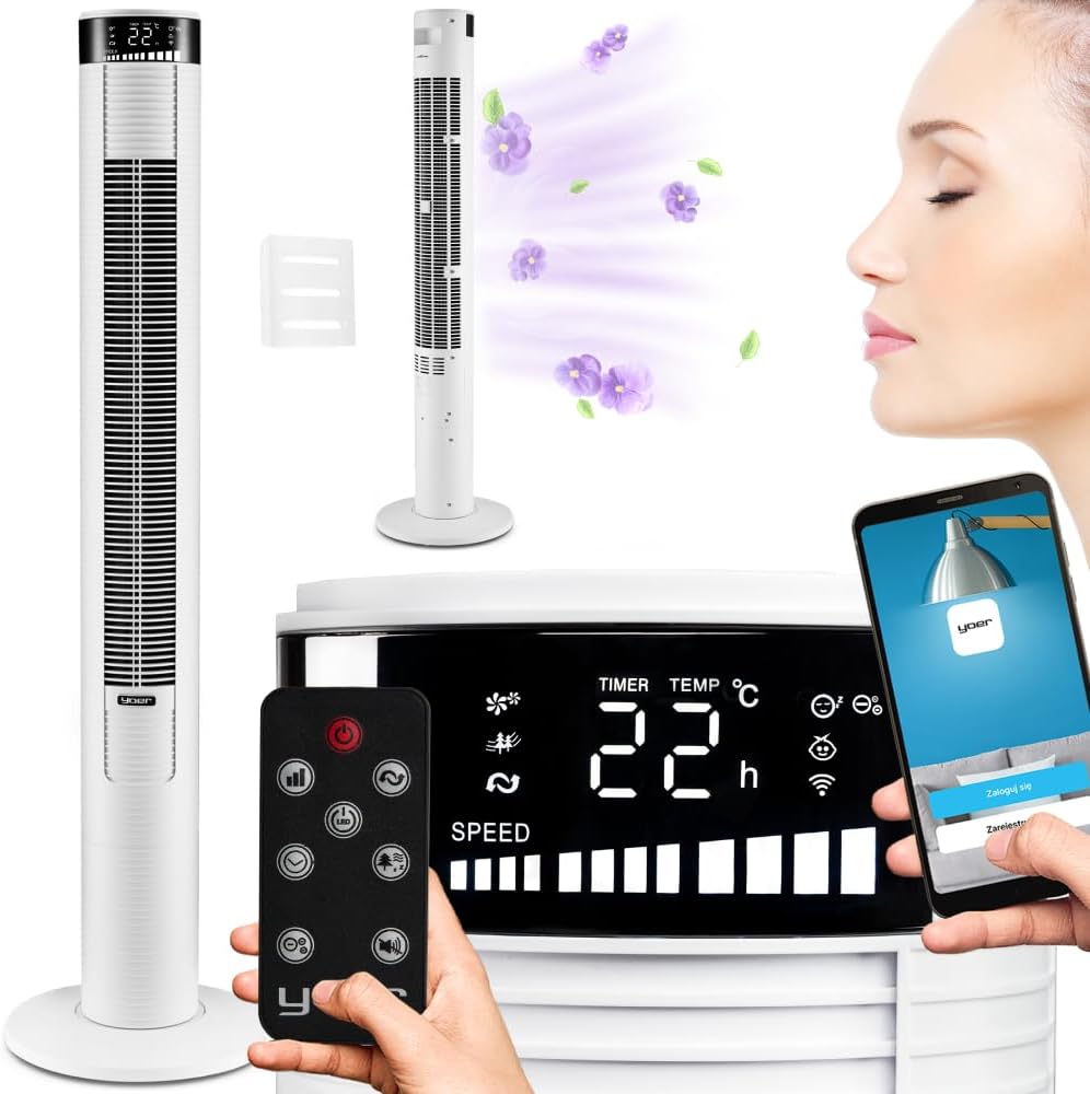 YOER Spiro TF03W, 45W, Ionisator, 4 Gebläsemodi, 90° Oszillation, 10m Reichweite, 12-Stunden-Timer, Leiser Betrieb, 3 Geschwindigkeitsstufen