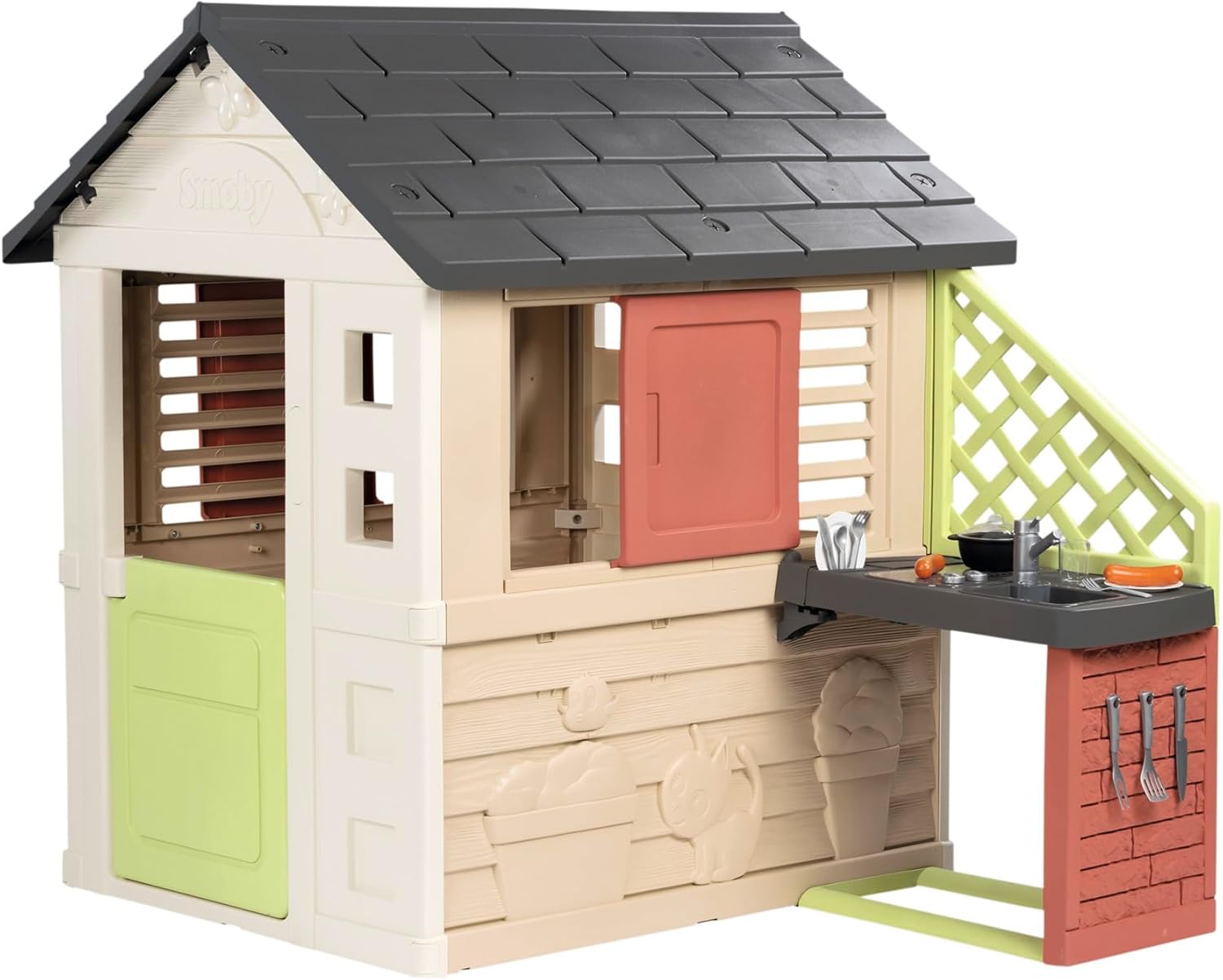 Smoby Life Casa Nature con Cocina de Juguete - Casita Infantil Interior y Exterior - Material Reciclado UV Resistente - A Partir 2 años - Cocina y Accesorios Incluidos - (7600810739)