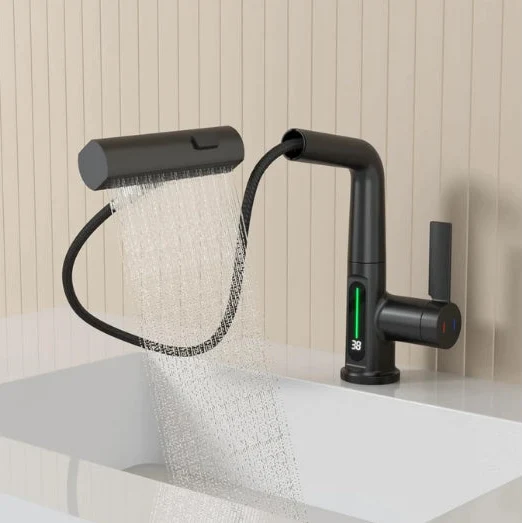 Flexibler Wasserhahn mit LED-Temperaturanzeige und 5 Strahlmodi �C moderne K��chen- und Badarmatur