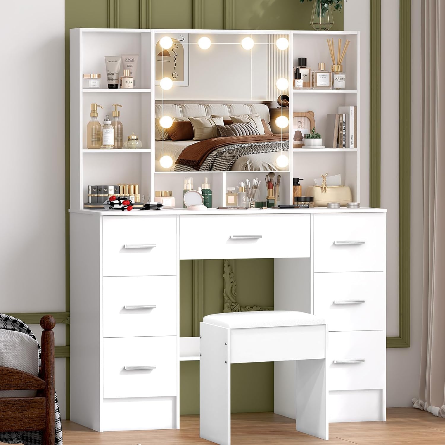 Großer Schminktisch mit Hocker und Spiegel und Beleuchtung, 3 Farbtemperaturen mit Einstellbare Helligkeit, Kosmetiktisch mit 7 Schubladens, 40x100x140cm, SD5210