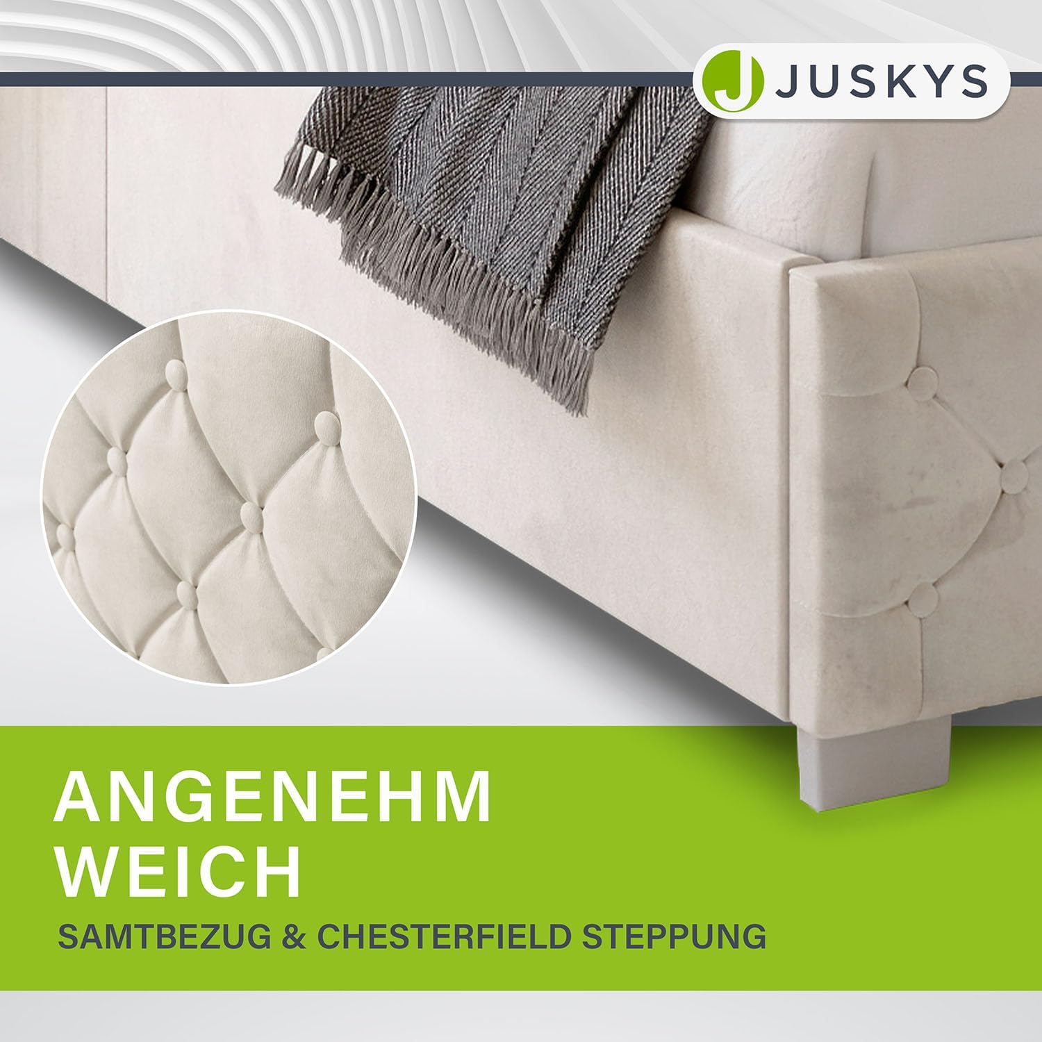 Juskys Polsterbett Nizza 140x200 cm Samt mit Stauraum, LED Beleuchtung & Lattenrost - Chesterfield Steppung & Kopfteil - Bett Bettgestell - Beige