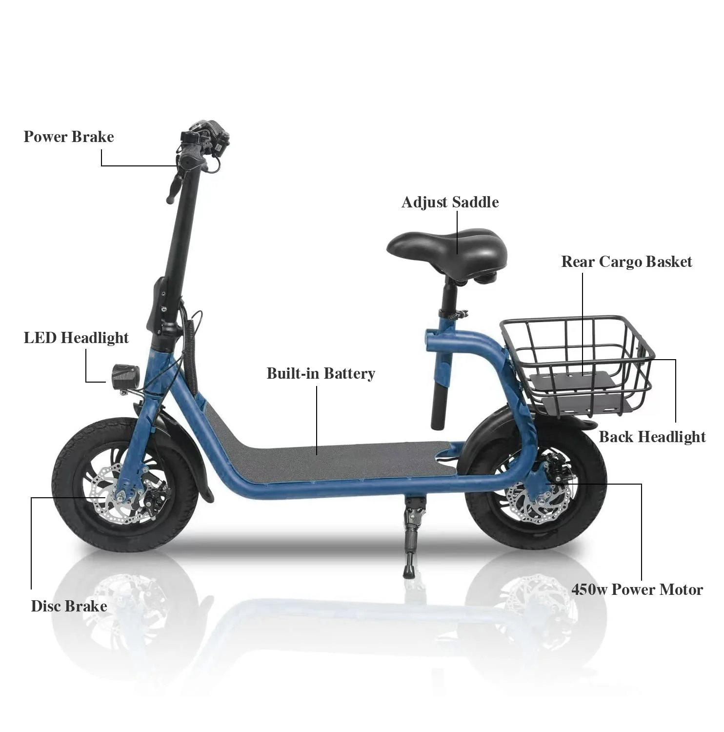 Patinete eléctrico plegable para adultos con asiento, motor sin escobillas de 450 W, neumáticos todoterreno de 12 pulgadas, autonomía de 32 km, ligero y portátil.