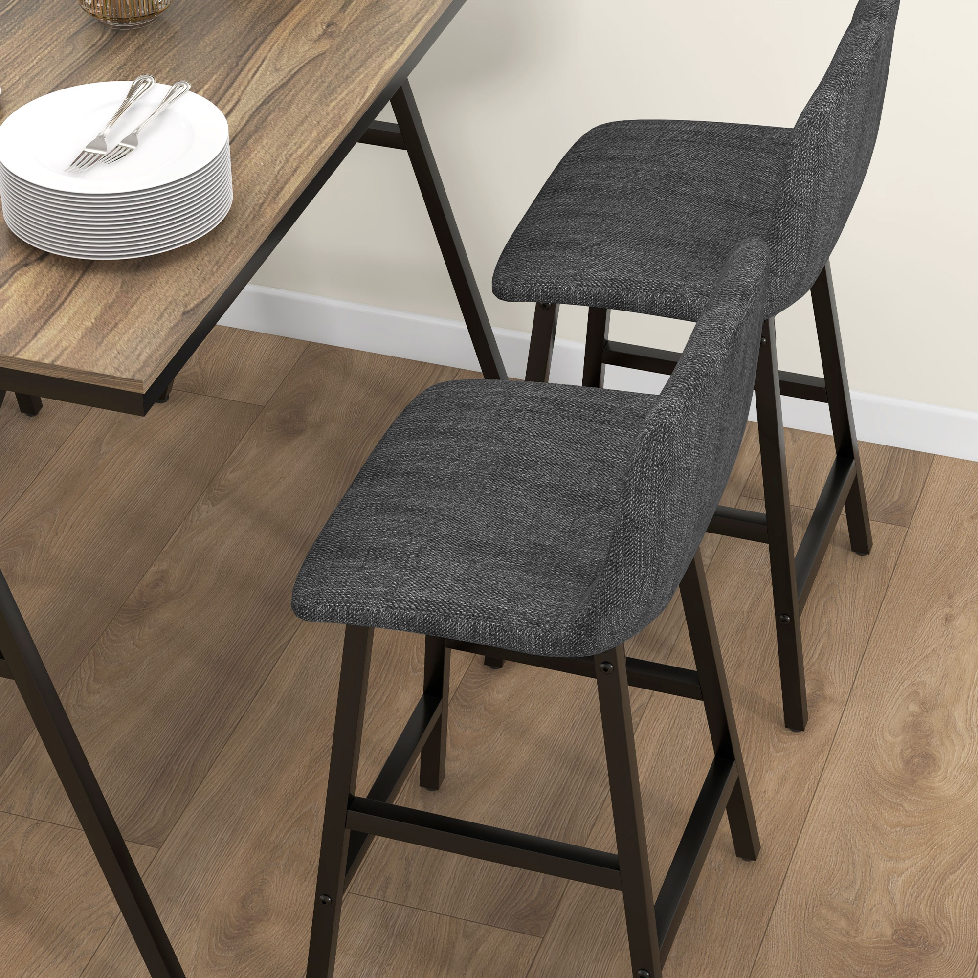 5-delige Bargarnituur, Tafel en 4 Stoelen, Knoopafwerking, Dikke Bekleding, Linnenlook, Donkergrijs