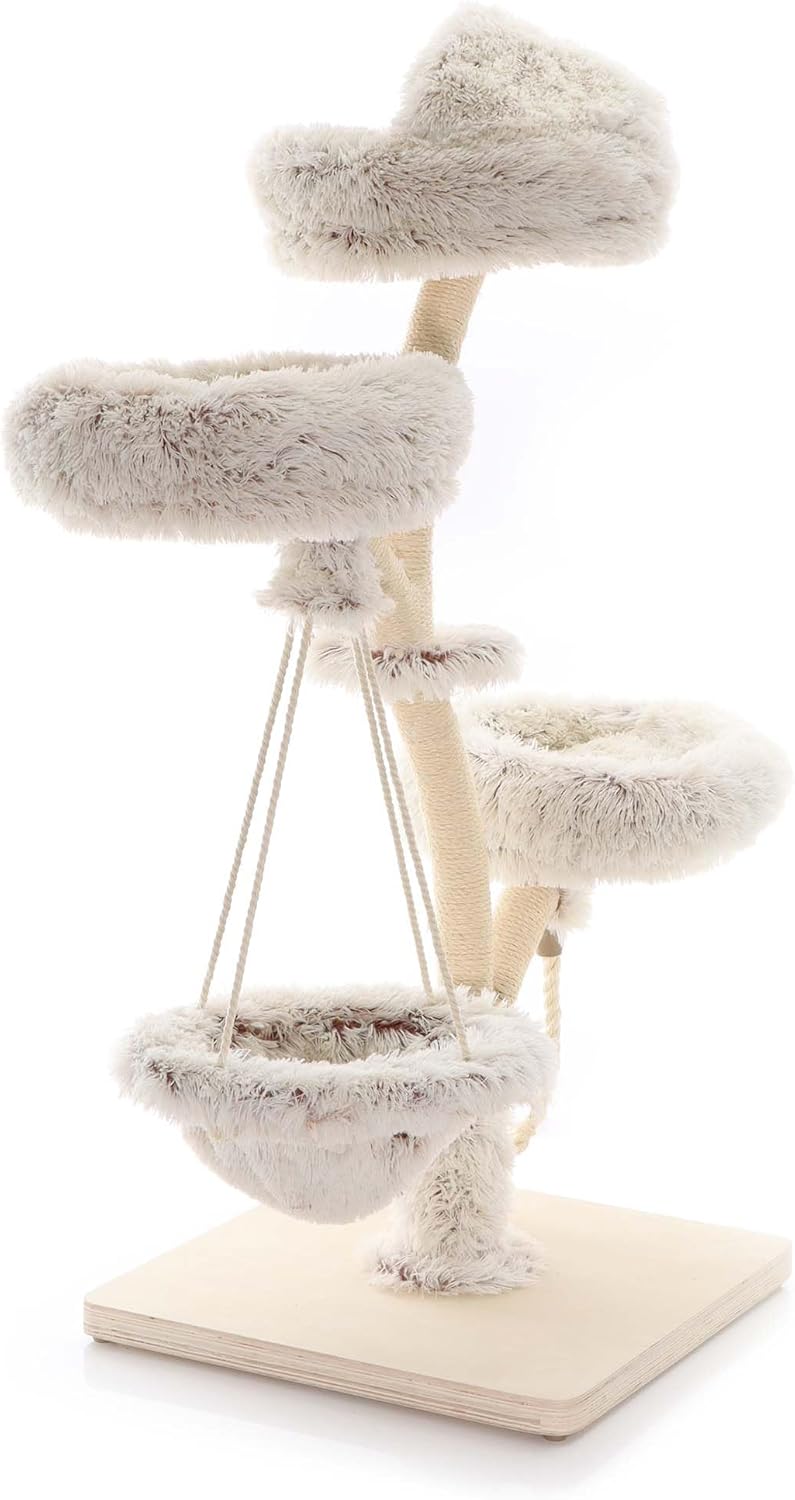 Fudajo Designer Krabpaal in Takontwerp 130 cm hoog, Kattenkrabpaal met Pluche en Sisal, Klimboom voor Katten, Kattenboom met Hanggemat
