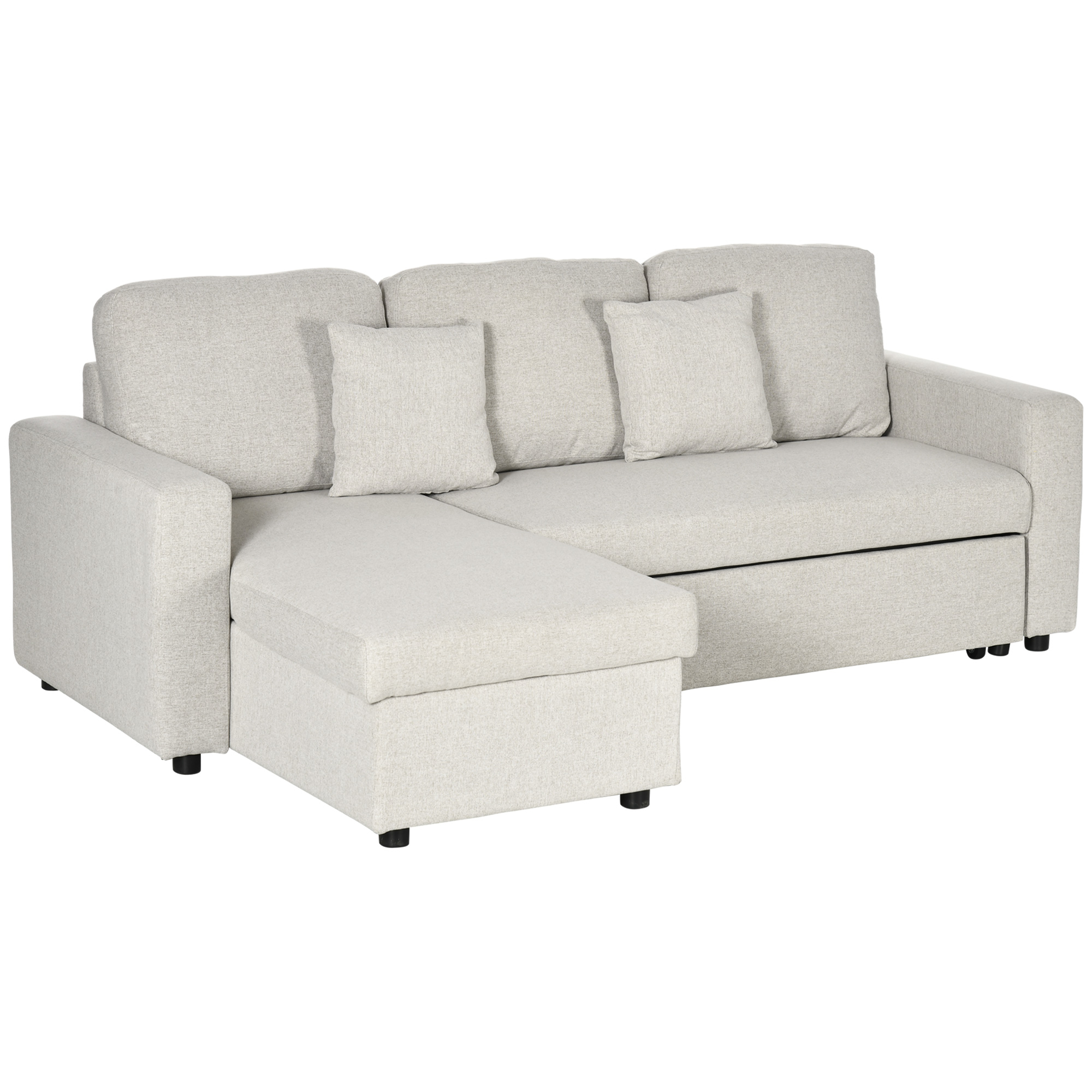Slaapbank Hoekbank met Bedfunctie, inclusief 2-Zits Sofa, Eenpersoonsbed, L-vorm met Opbergruimte, 2 Kussens Cr��mewit