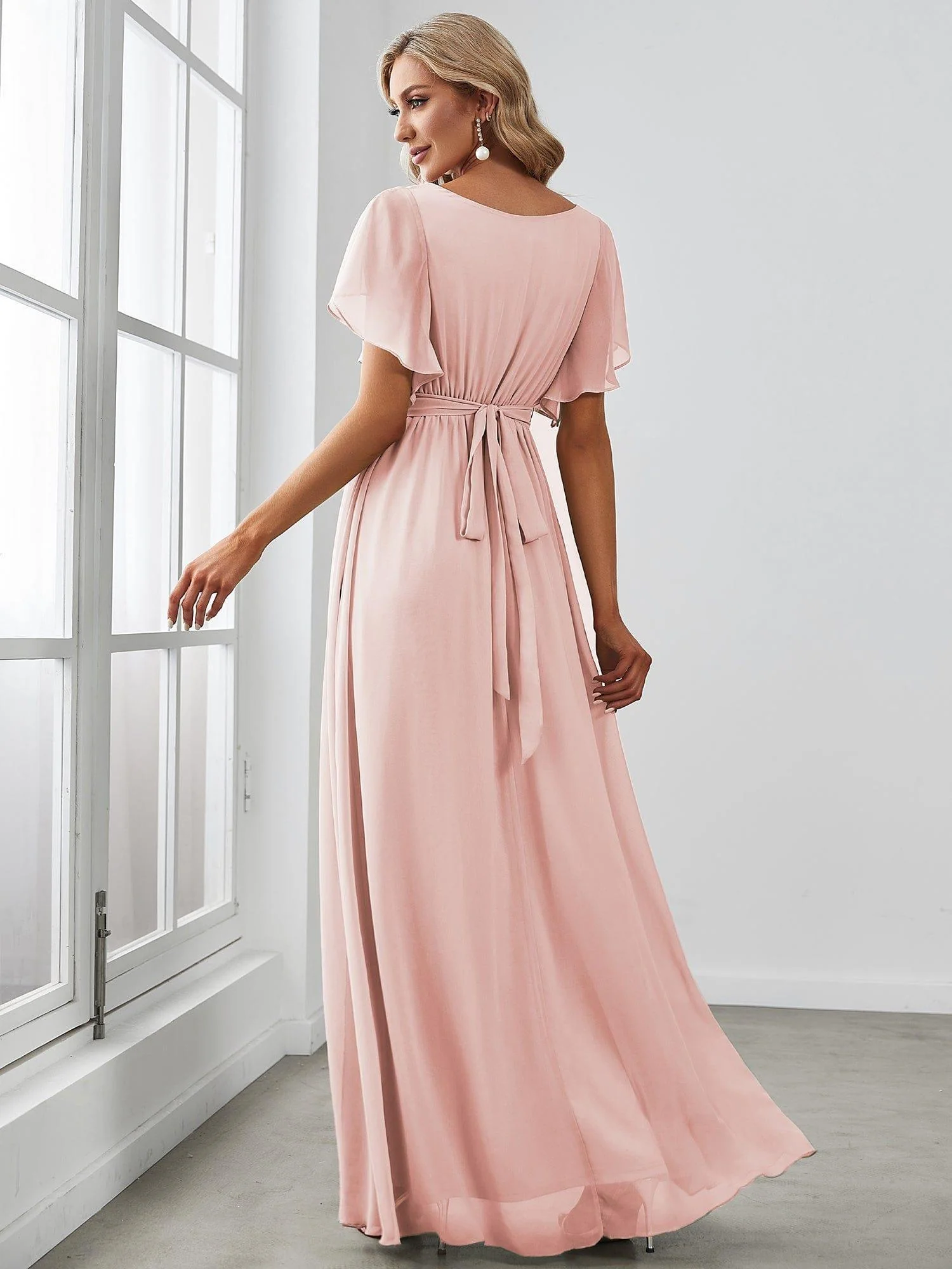 Abendkleid Damen Maxi A-Linie aus Chiffon | Festliches Kleid f��r Hochzeitsg?ste mit V-Ausschnitt und Fl��gel?rmeln