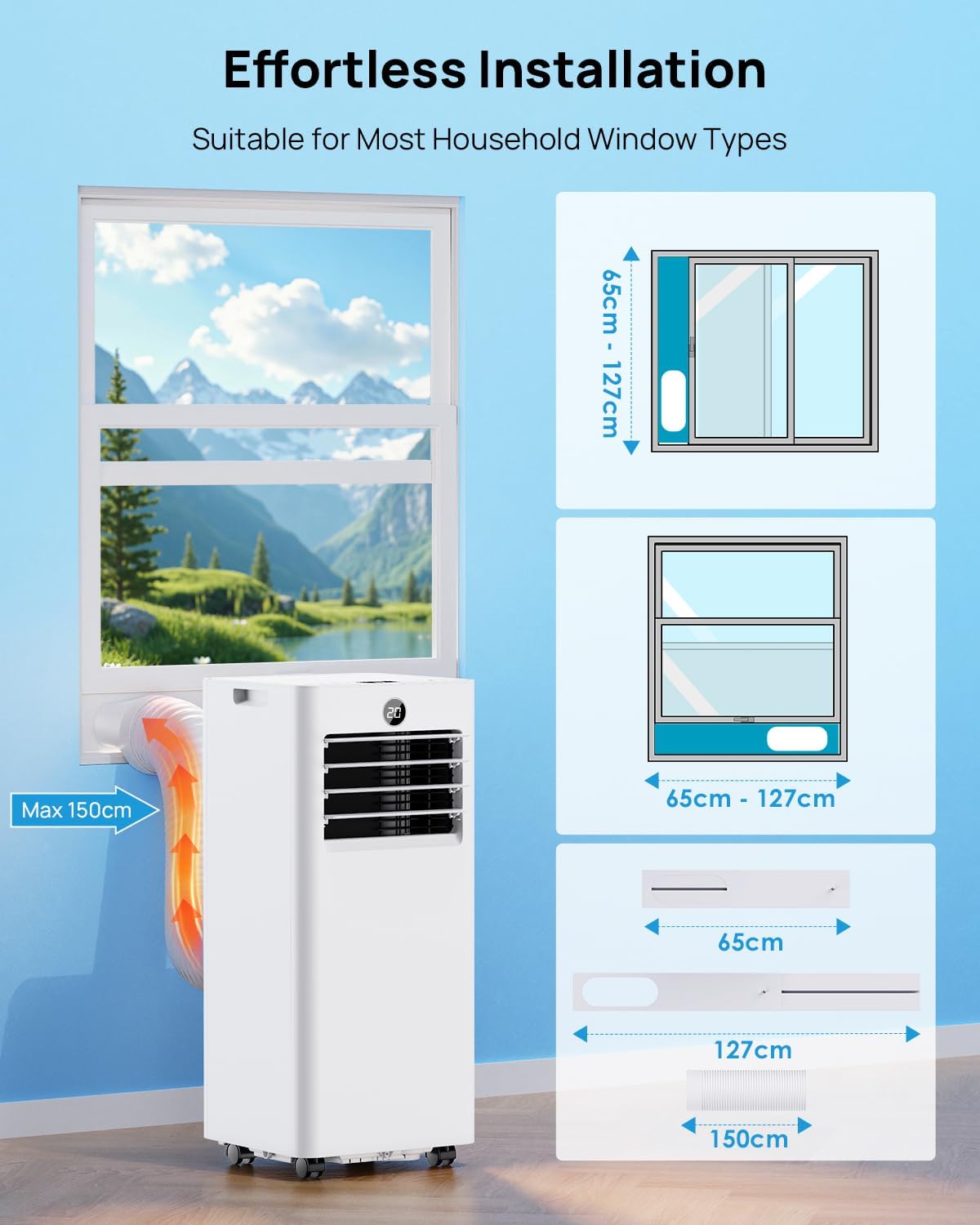 Klimaanlage Mobil 7000 BTU, Mobiles Klimagerät mit Abluftschlauch, Kühl-/Ventilations-/ Entfeuchtungs-/Schlafmodus 4-in-1, Digitalanzeige & Fernbedienung, 24H Timer, 360° Rollen, Inklusive Fensterset