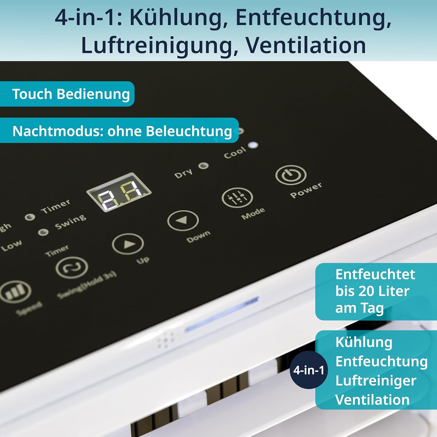 Könighaus Smarte Mobile Klimaanlage | Schnell & Leise & Effizient (A) | 4-in-1: Kühlung + Entfeuchter + Ventilator + Luftreiniger | mit Fernbedienung | 7000 BTU (2,1 kW) | 24 h Timer, Sleep-Mode