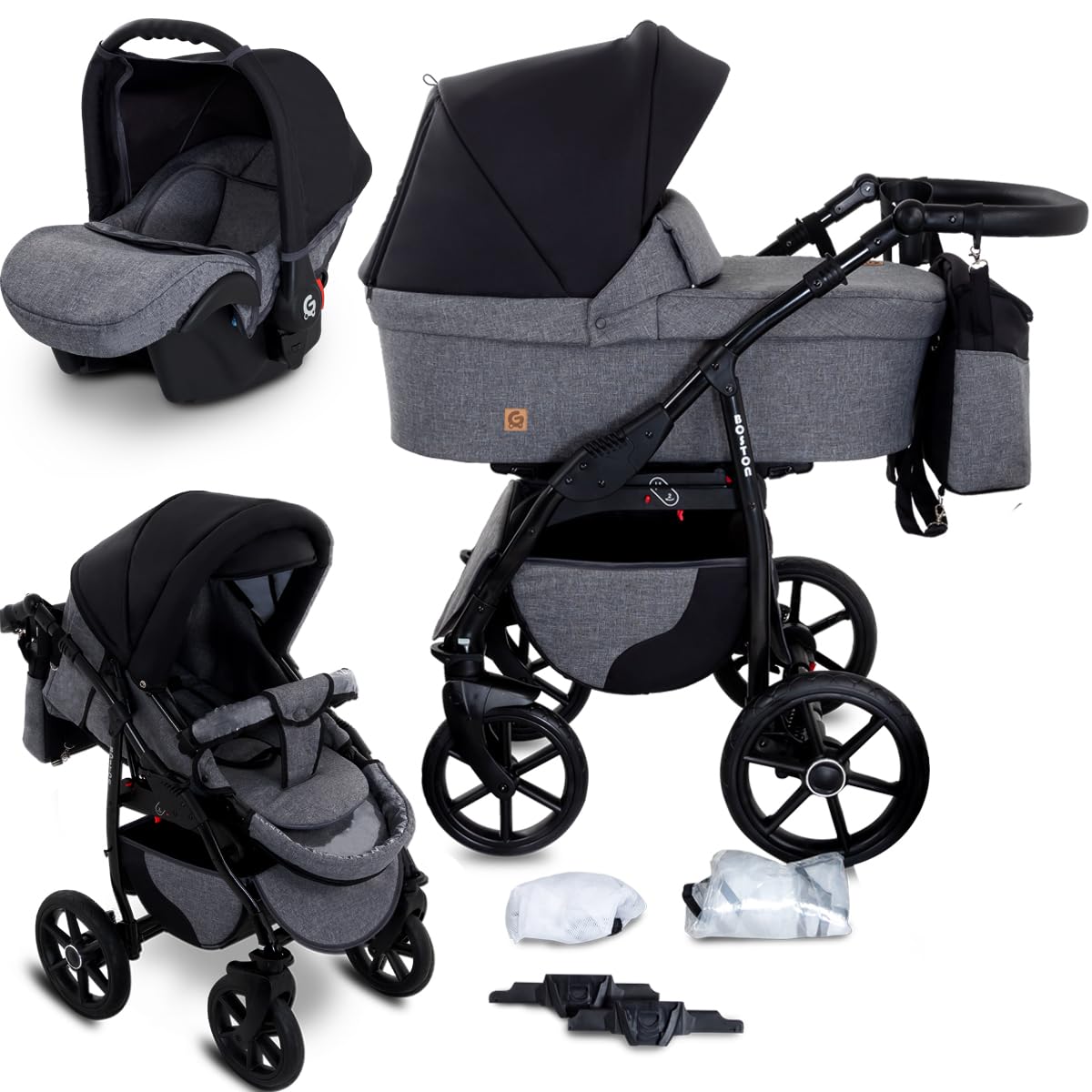 GaGaDumi Boston Kinderwagen 3 in 1 Komplettset mit Autositz - Kombikinderwagen mit großen Rädern - TÜV-zertifiziert - Baby Stroller Set - für Neugeborene und Kleinkinder Grau Jeans