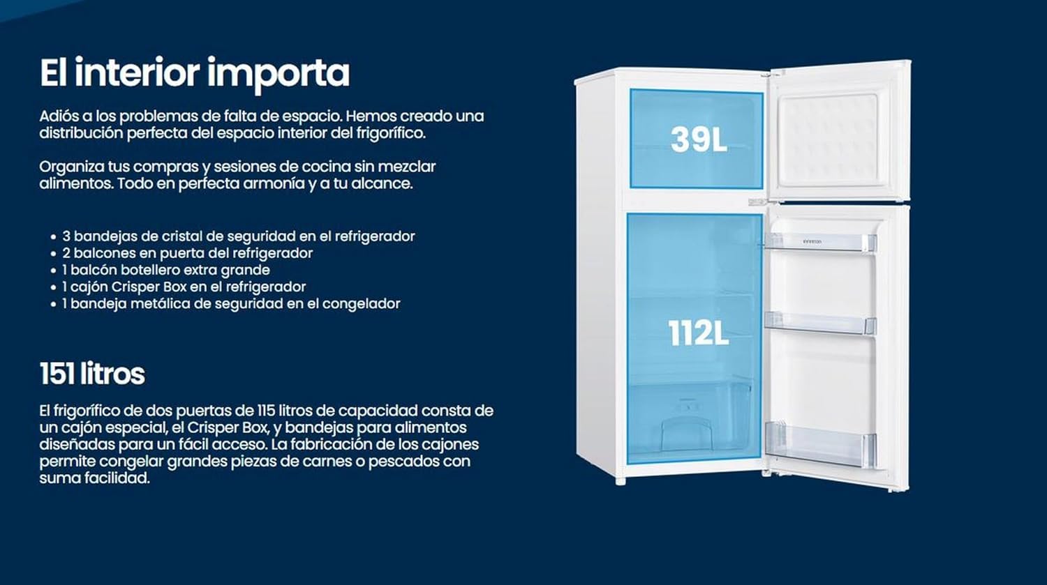 Frigorifico Dos Puertas Infiniton FG-151D12BEV, 151 Litros, 122 cm de Altura, Ancho de 50 cm, Ciclico, LED Interior, Regulación en altura, E, Blanco