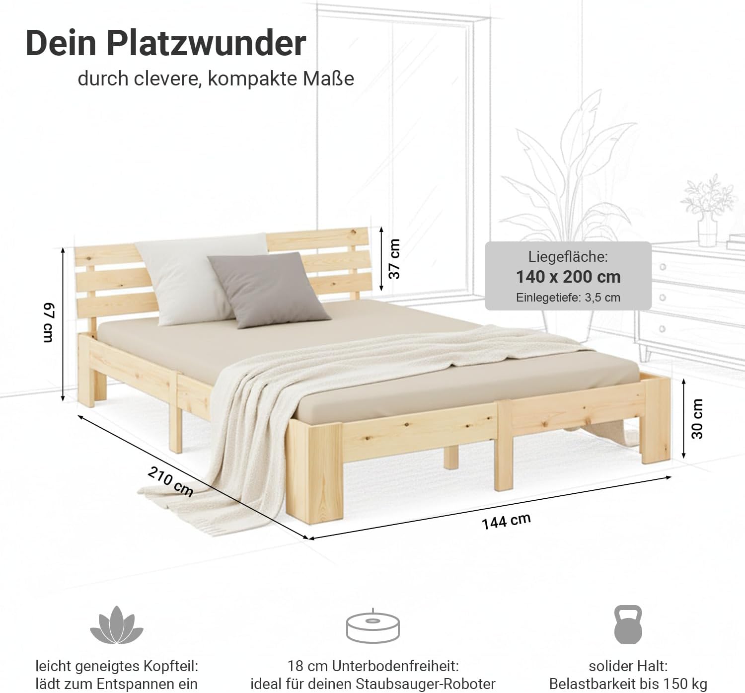 Homestyle4u Bett 180x200 mit Lattenrost Holzbett Massivholz Kiefer Doppelbett Schlafzimmer