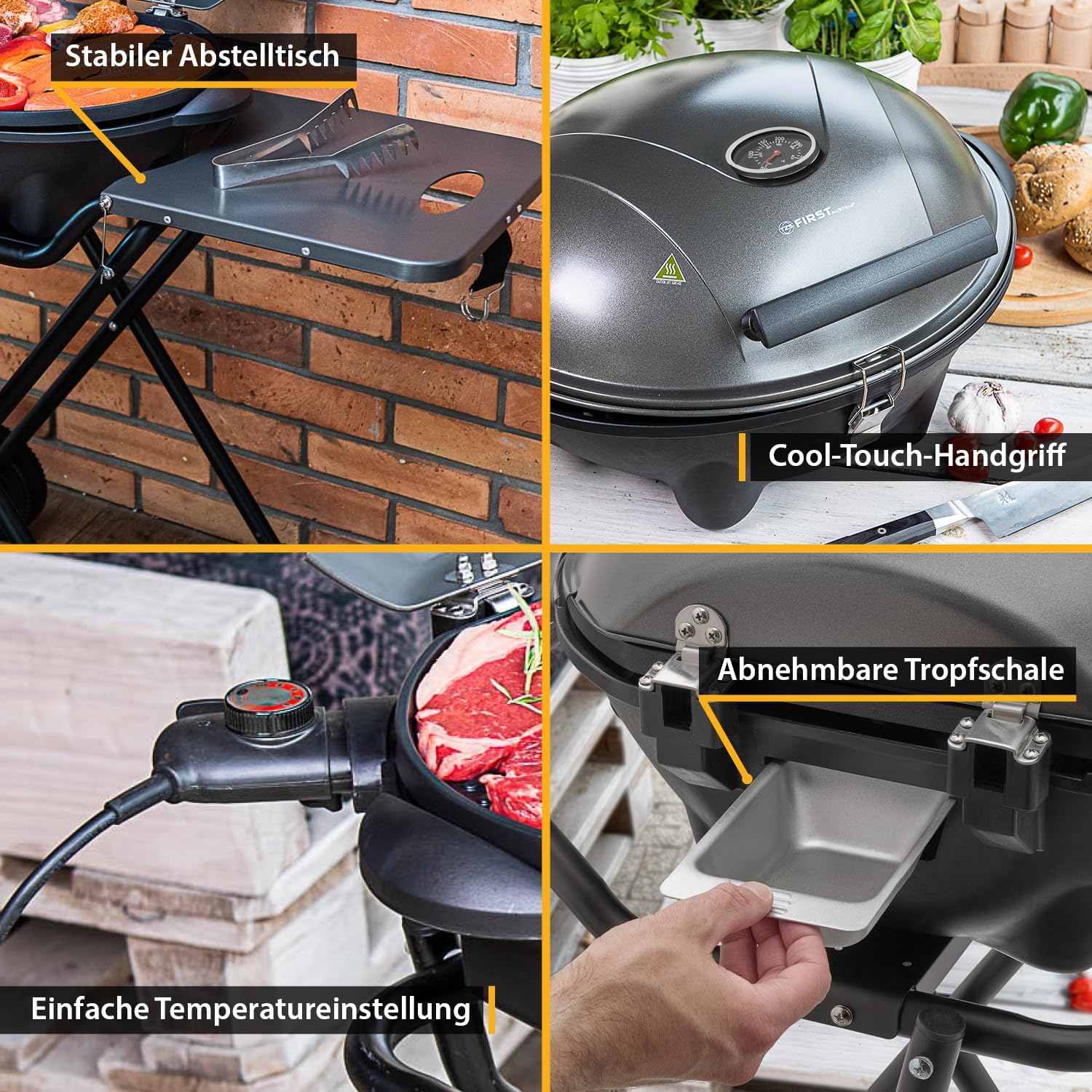 TZS First Austria 2in1 Elektrogrill – extrem stabiler & klappbarer Elektrogrill für Balkon – abnehmbarer 2400 Watt Standgrill mit Deckel, Standfuß & Rädern, Kunststoff/Metall – inkl. Temperaturregler