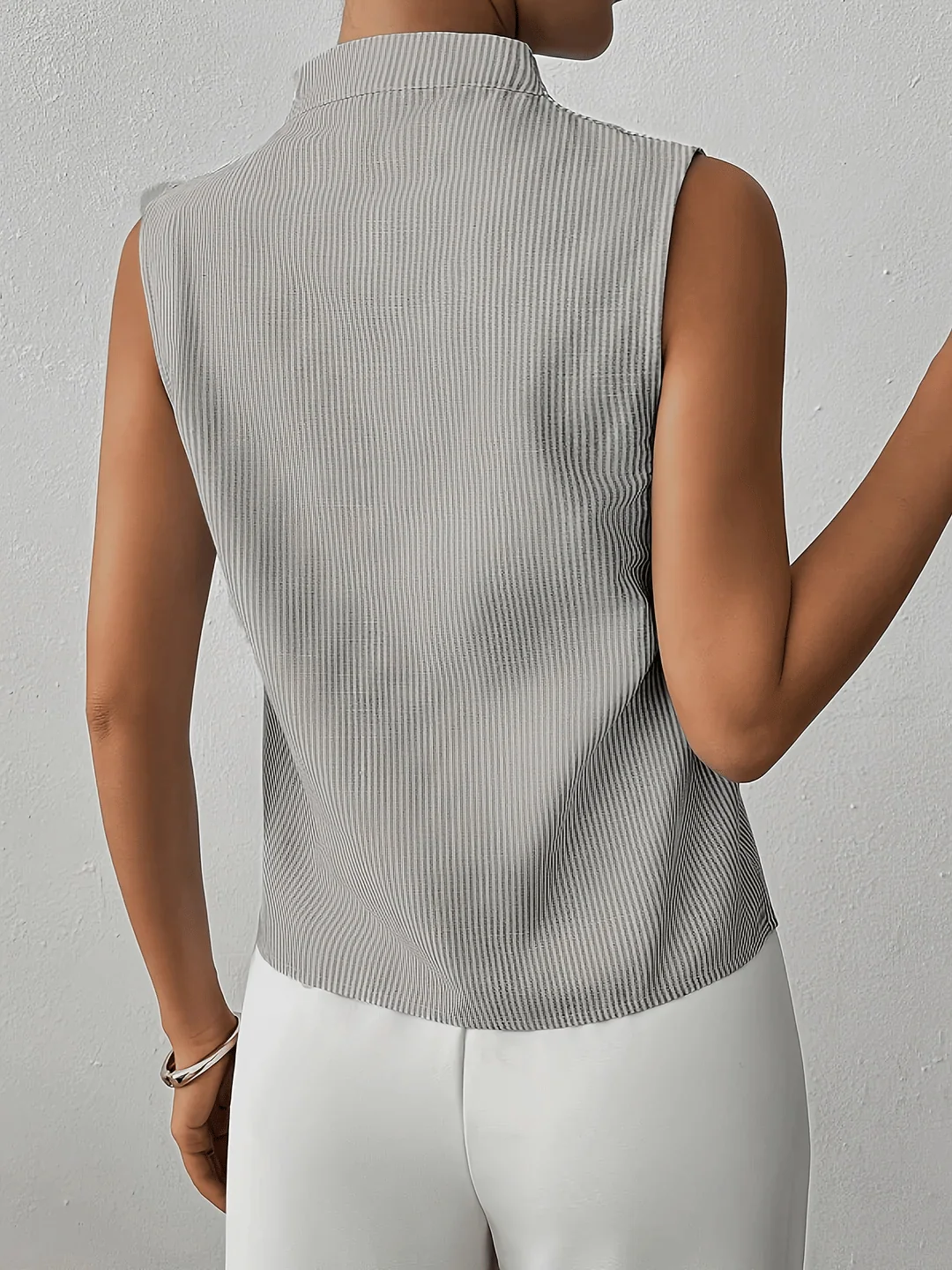 ?rmellose Bluse f��r Damen mit Streifenmuster | Elegantes Business Top mit Stehkragen und V-Ausschnitt f��r das B��ro