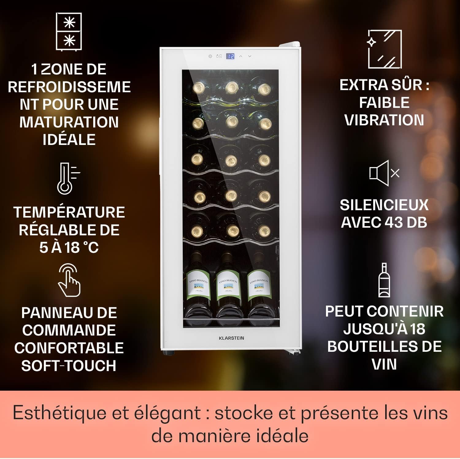 Klarstein Shiraz Cave a Vin, Réfrigérateur à Vin à une Zone, Cave à Vin de Vieillissement, Prosecco et Bière, Ecran Tactile, Réfrigérateur de Bar, Frigo, Étagères Inclinées, 5-18°C, 18 Bouteilles